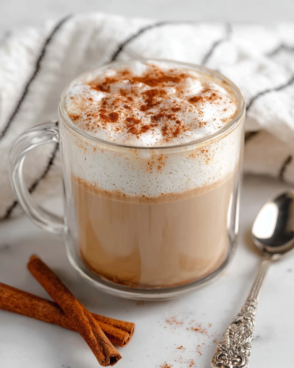 A clear glass mug filled with three visible layers: a light beige creamy base, topped with a fluffy white foam layer, sprinkled unevenly with brown cinnamon powder. The mug's handle is seen on the left side. Two cinnamon sticks lay flat on a white marbled surface near the base of the mug, and a detailed silver spoon with floral designs rests on the right side. The background shows a soft, out-of-focus white cloth with black lines. Photo taken with an iphone --ar 4:5 --v 7