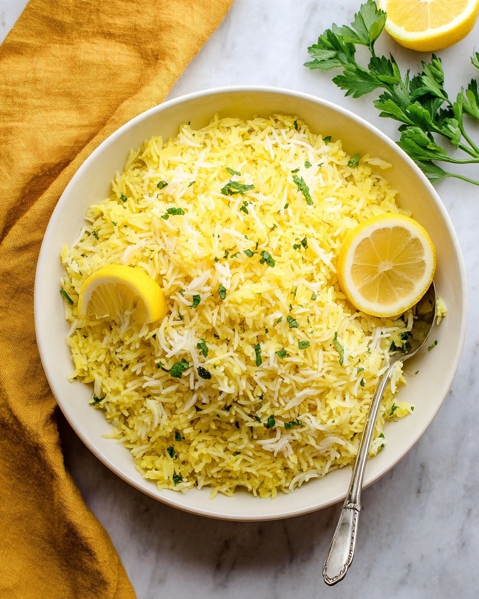 A white bowl filled with yellow rice, with some grains lightly mixed with white rice grains, creating a soft textured look. Two thin slices of lemon are placed on the right side of the rice. Small pieces of green herbs are sprinkled over the rice to add color and freshness. A silver spoon is partly inside the bowl on the right side, resting on top of the rice. The bowl sits on a white marbled surface, with a yellow cloth on the upper left side and some green parsley and a lemon on the right side nearby. Photo taken with an iphone --ar 4:5 --v 7