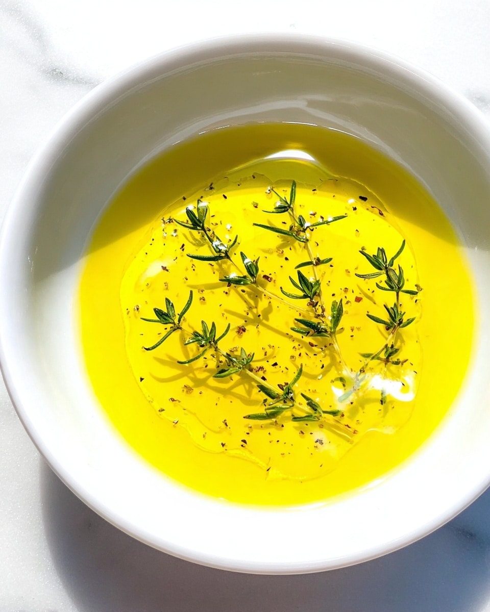 A white bowl with a shiny yellow liquid spread across the bottom, with three small green herb sprigs placed in the center. The herbs appear fresh with tiny leaves along their thin stems. The bowl sits on a white marbled surface, and bright light enhances the different shades of yellow and green in the bowl. photo taken with an iphone --ar 4:5 --v 7