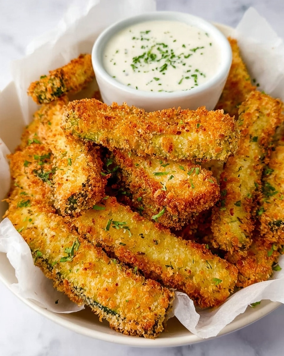 The image shows a pile of golden brown, crispy coated fried zucchini sticks stacked on a white plate lined with white parchment paper. The zucchini sticks have a rough, crunchy texture with small green flecks, likely herbs, sprinkled on top. Next to the zucchini sticks is a small white bowl filled with creamy white dipping sauce, also topped with a few green herb bits. The plate is placed on a white marbled surface. photo taken with an iphone --ar 4:5 --v 7