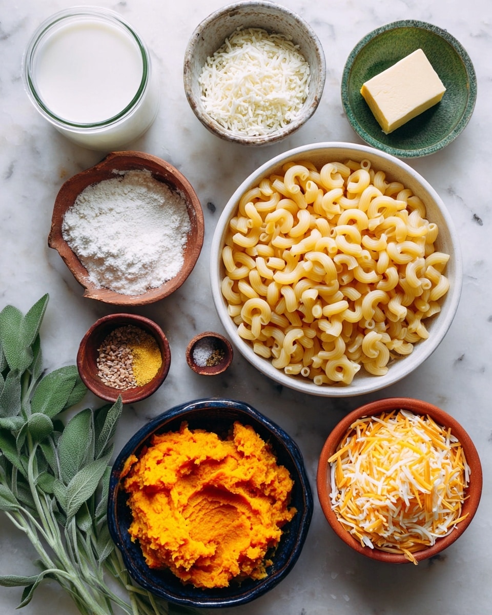 The image shows ingredients arranged on a white marbled surface: a white bowl filled with uncooked elbow macaroni sits center right, above it a small bowl with finely grated white cheese, a green bowl with white powder (likely flour), a terracotta bowl with a block of butter, and a dark small bowl with mustard powder and salt. Below the macaroni bowl, there is a small wooden bowl filled with bright orange mashed pumpkin and a dark blue bowl with shredded sharp cheddar cheese. There is also a glass container filled with milk near the bottom left, next to green sage leaves. photo taken with an iphone --ar 4:5 --v 7