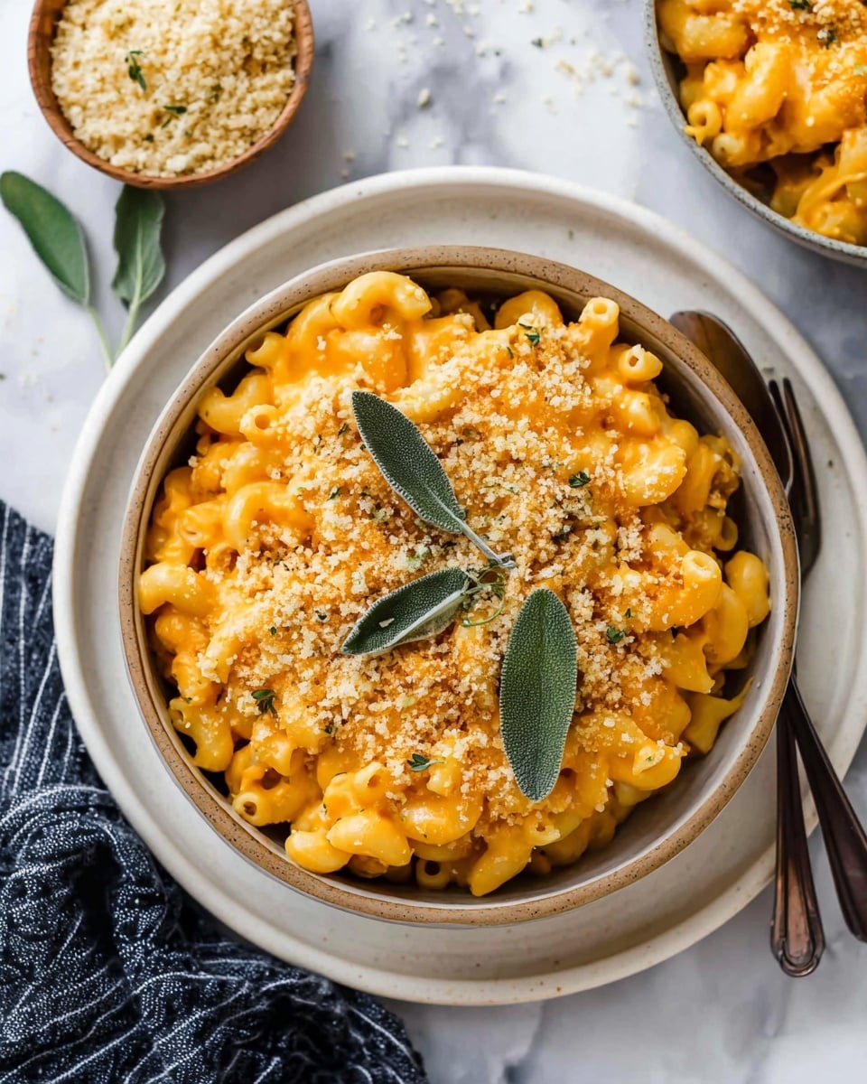 A bowl filled with macaroni covered in bright orange cheese sauce forms the base layer, topped with a generous layer of light tan breadcrumbs scattered evenly over the top. Three fresh green sage leaves rest on the mac and cheese, adding a pop of color. The bowl is placed on a white plate with a slightly raised edge, sitting on a white marbled surface. To the side, a spoon and a fork are partially visible beside the plate, and in the background, a small bowl filled with breadcrumbs sits near the top left corner. A folded dark blue and white striped cloth is next to the plate at the bottom left. Photo taken with an iphone --ar 4:5 --v 7