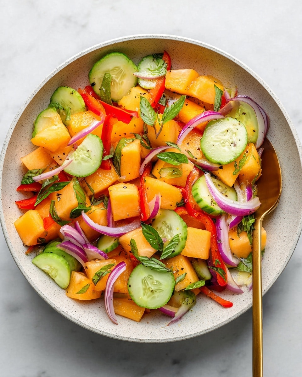 A white bowl filled with a fresh salad showing about four layers, starting with bright orange chunks of cantaloupe, thin round slices of light green cucumber with pale centers, and thin slices of purple-red onion spread throughout. Bright red strips of bell pepper are scattered among the other ingredients, and thin green basil leaves are sprinkled on top for color. A gold spoon sits inside the bowl, partially submerged in the salad. The bowl is placed on a white marbled surface. photo taken with an iphone --ar 4:5 --v 7