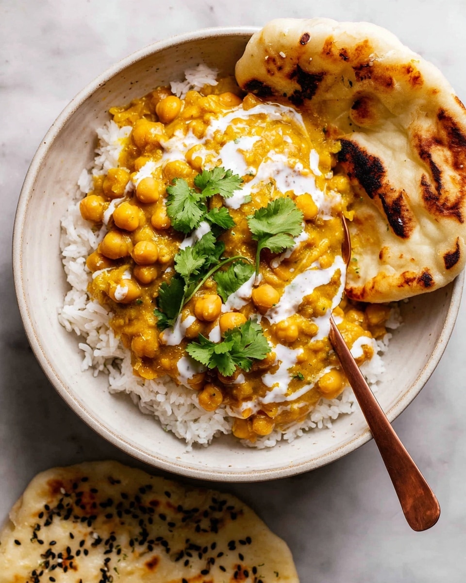 A white bowl filled with a base layer of white rice, topped with a thick golden-yellow curry with chickpeas spread all over the surface, drizzled with white cream swirls and garnished with fresh green cilantro leaves. On the right side of the bowl, a piece of naan bread with dark toasted spots is leaning against the rice and curry. A copper spoon rests in the bowl, partially covered by the curry. Below the bowl, another piece of naan with black sesame seeds is partially visible on a white marbled surface. Photo taken with an iphone --ar 4:5 --v 7