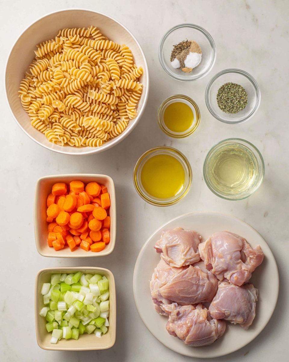 A top view of raw ingredients neatly arranged on a white marbled surface, featuring a large white bowl filled with uncooked spiral pasta at the top left. To the right, there are three small clear glass bowls containing yellow cooking oil, a light beige powder, and a mix of black pepper and white salt. Below, two beige square bowls hold chopped bright orange carrots and green celery pieces. Another beige square bowl at the bottom left contains chopped white onions. At the bottom right, a white plate holds four raw pinkish pieces of chicken with visible skin and fat. A clear glass with light yellow liquid and herbs floats near the center right of the image. Photo taken with an iphone --ar 4:5 --v 7