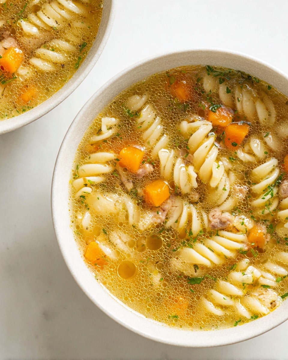 The image shows a white bowl filled with a warm soup that has several layers: the bottom layer is a clear, golden broth with small oil droplets on the surface; floating in the broth are soft spiral pasta pieces that are pale yellow and slightly translucent; among the pasta are small orange carrot cubes and tiny bits of cooked meat, both evenly spread; tiny pieces of green herbs are scattered throughout the soup, adding a fresh color contrast; the bowl is set on a white marbled surface with part of another similar bowl visible at the top left corner. photo taken with an iphone --ar 4:5 --v 7