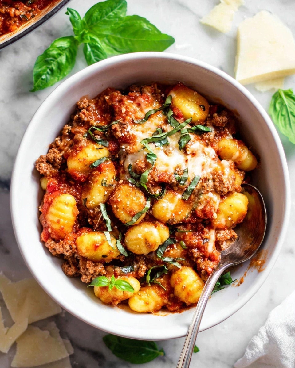 A white bowl filled with three layers of food: the bottom layer is red tomato sauce mixed with minced meat, the middle layer has yellowish gnocchi pasta coated in the sauce, and the top layer has melted creamy cheese mixed with green basil leaves scattered around. A silver fork is resting inside the bowl with some gnocchi pierced, and there are some green leaves and white cheese pieces placed on the white marbled surface around the bowl. photo taken with an iphone --ar 4:5 --v 7