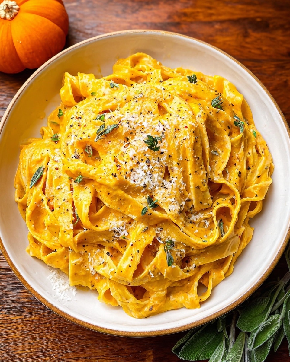 A white bowl filled with flat, wide noodles covered in a thick, creamy orange sauce, mixed well and slightly shiny. The noodles are layered loosely in the bowl with small green herb leaves and specks of black pepper sprinkled on top. There is a light dusting of grated white cheese on the noodles. Around the bowl, there is a small pumpkin on the left and a few fresh green leaves on the bottom right, sitting on a wooden surface. photo taken with an iphone --ar 4:5 --v 7