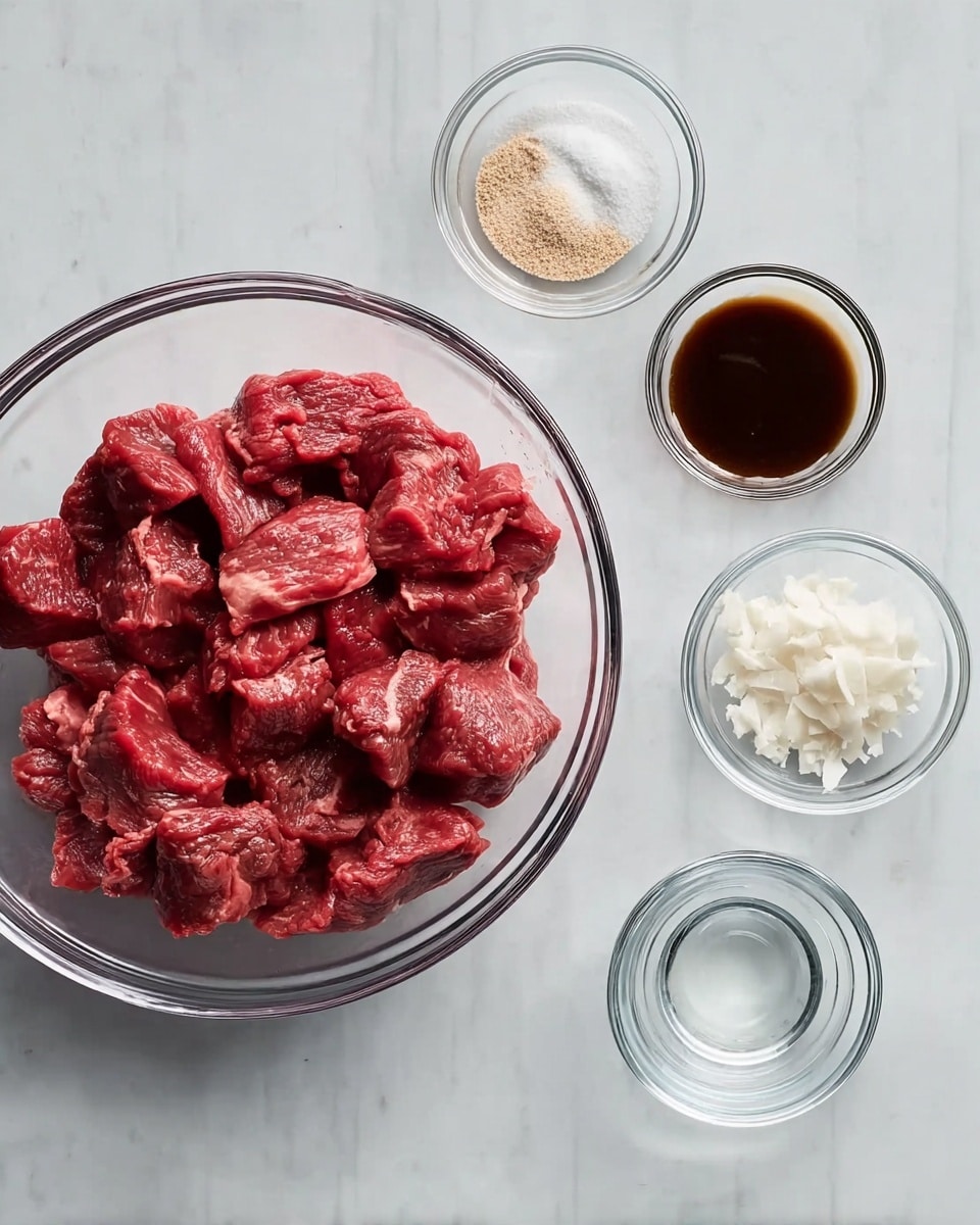 A large clear glass bowl filled with bright red, raw sliced beef pieces sits on a white marbled surface. Around it are five smaller clear glass bowls arranged in a loose semicircle: the top left bowl holds a small pile of light beige powder mixed with white granules, the top middle bowl contains a thick dark brown sauce, the top right bowl has a small amount of fine white powder, the bottom middle bowl is filled with a white flaky substance, and the bottom right bowl has a clear liquid. photo taken with an iphone --ar 4:5 --v 7