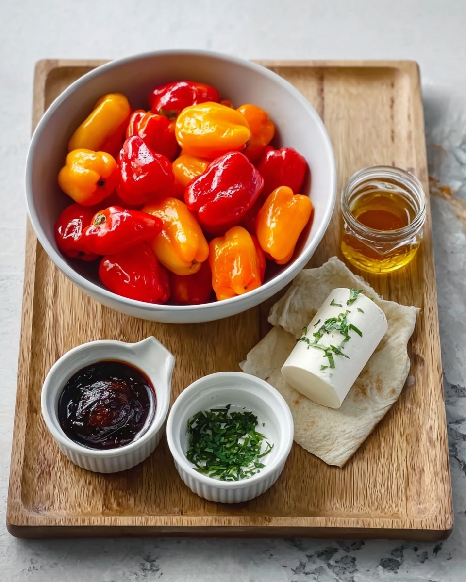 A white bowl filled with many small, colorful mini bell peppers in shades of red, orange, and yellow sits on a light wooden cutting board. Around the bowl, four small white ceramic dishes are arranged: one with honey, one with green herbs, one with a dark thick sauce, and one holding a white cylindrical piece of cheese placed on a pale, wrinkled flatbread. The cutting board is on a white marbled surface. photo taken with an iphone --ar 4:5 --v 7