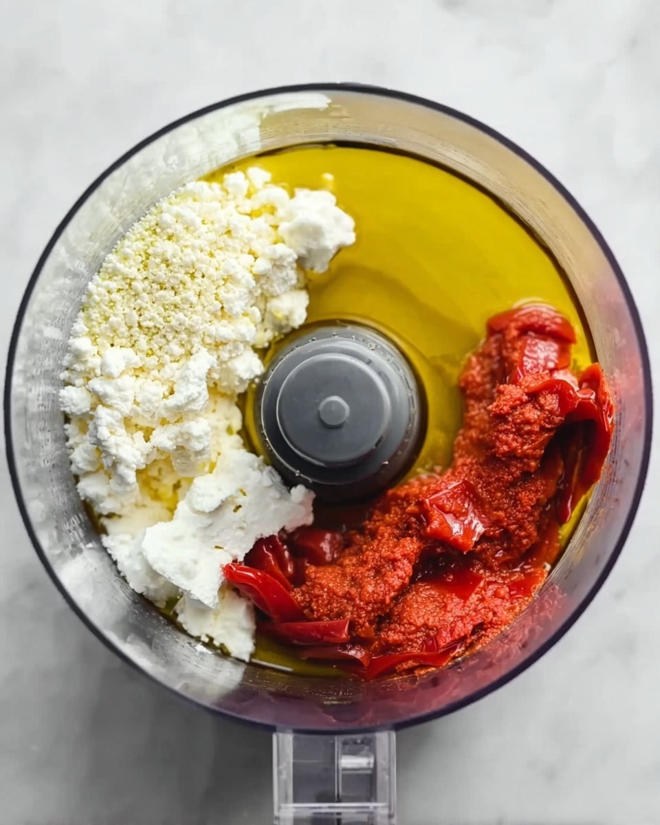 The clear round bowl of a food processor contains three distinct layers: at the top left, there is a crumbly white layer of cheese with a slightly grainy texture; to the top right is a thick layer of golden yellow olive oil with a smooth shine; and at the bottom, bright red roasted peppers with wrinkled skins rest against the bowl’s side. The food processor's central rotating blade and dark gray center post are visible in the middle, surrounded by the ingredients. The bowl sits on a white marbled surface. photo taken with an iphone --ar 4:5 --v 7