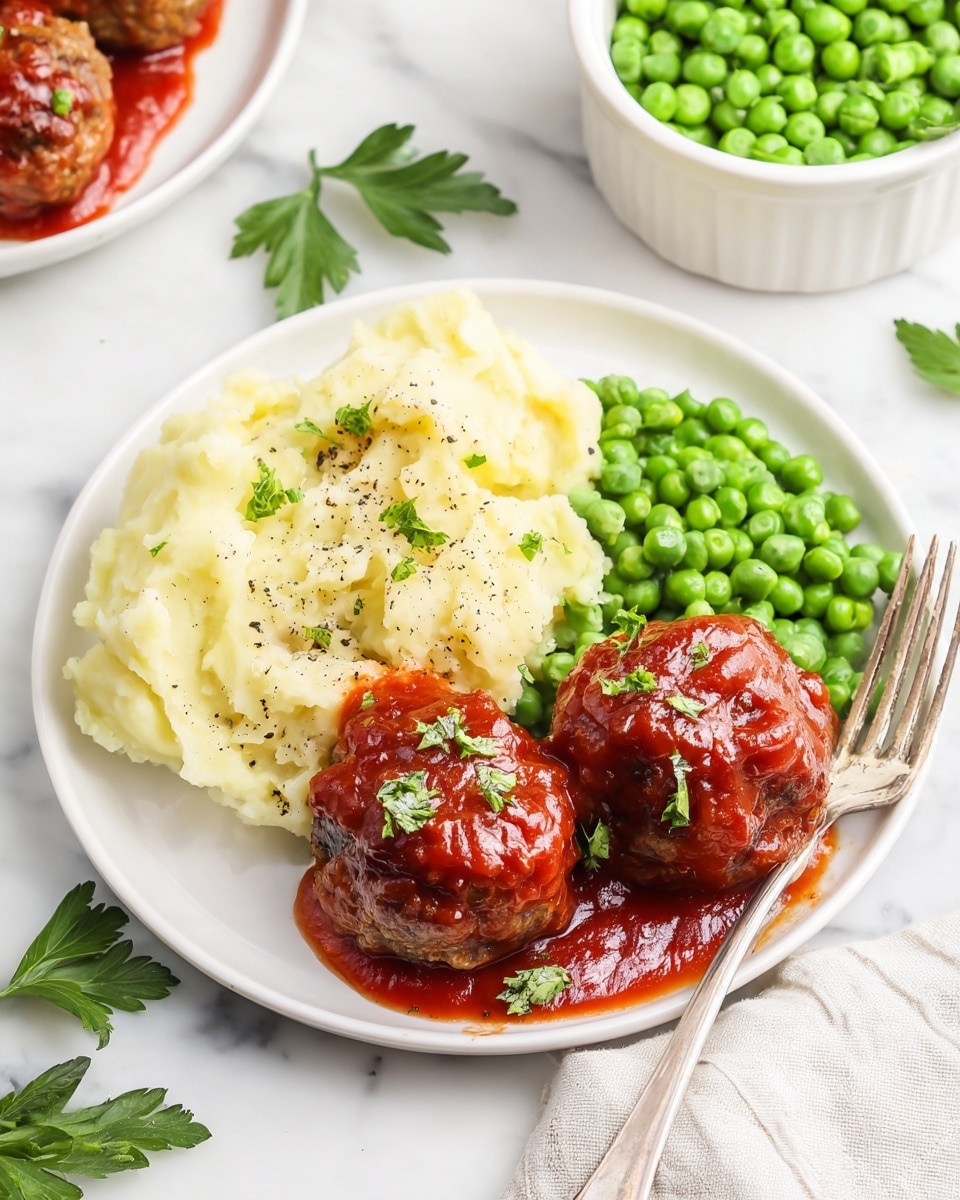 A white plate holds three small meatballs covered in thick bright red sauce with small green herb leaves on top, positioned in the bottom half; next to them on the right, is a mound of bright green peas; to the top left, there is a heap of beige mashed potatoes with black pepper sprinkled on top. The plate is set on a white marbled surface, with fresh green parsley leaves scattered around and a silver fork resting on the right edge of the plate. In the background, partially visible are two white bowls, one filled with bright green peas and the other with mashed potatoes. photo taken with an iphone --ar 4:5 --v 7