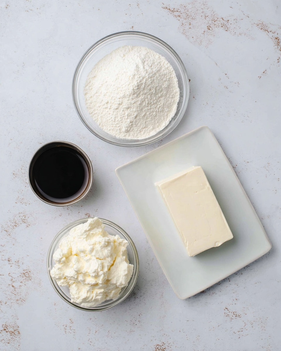 The image shows four ingredients on a white marbled surface. At the top center, there is a clear glass bowl filled with fine white powder. On the right, a white rectangular plate holds a block of smooth, pale cream-colored soft cheese or tofu. At the bottom left, a clear glass bowl contains a fluffy, white, creamy substance with a light texture. To the left, a small dark metal cup holds a small amount of dark liquid. The items are spaced evenly, creating a clean and simple arrangement. Photo taken with an iphone --ar 4:5 --v 7