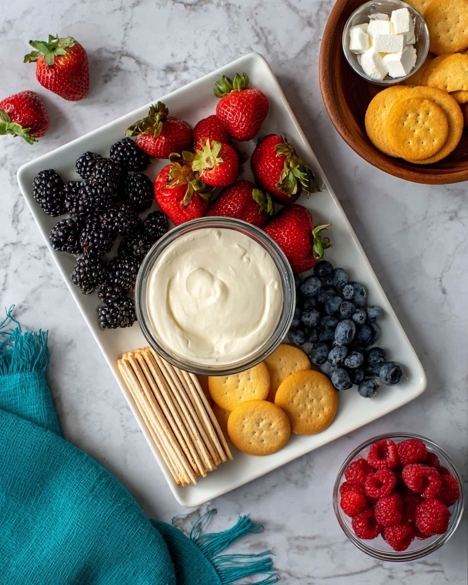 The image shows a white rectangular plate with six distinct sections: in the center, there is a round glass bowl filled with smooth white cream; surrounding it are fresh blackberries in a dense cluster on the top left, bright red strawberries with green leafy tops on the top right, golden round cookies on the right side, glossy blueberries in a mound on the bottom right, vibrant red raspberries in a pile on the bottom left, and light brown rectangular crackers stacked neatly on the left side. The plate is set on a white marbled surface, with a wooden bowl filled with more golden cookies in the top right and a bowl with white creamy cheese in the top left. A teal cloth with fringed edges is slightly visible at the bottom left. photo taken with an iphone --ar 4:5 --v 7