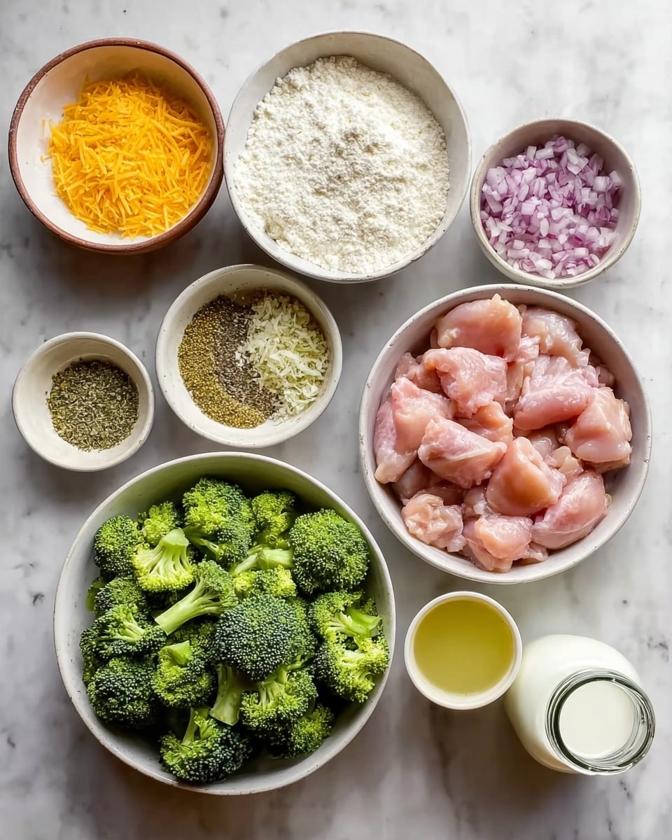 The image shows nine bowls and a glass jar placed on a white marbled surface. In the center is a white bowl filled with raw, pink chicken pieces. Below it, a larger white bowl holds bright green broccoli florets. To the right of the chicken, a white bowl contains finely chopped red onions, and next to it, a smaller white bowl has minced garlic. Above the chicken is a white bowl filled with white flour. To the left of the flour, a small white bowl holds a mix of green and white spices. On the far left, a white bowl is filled with yellow grated cheese. Below the cheese, a glass jar with a light yellow liquid is placed. At the bottom right corner, there is a small glass bottle of milk. The bowls are arranged neatly in a loose circle. photo taken with an iphone --ar 4:5 --v 7