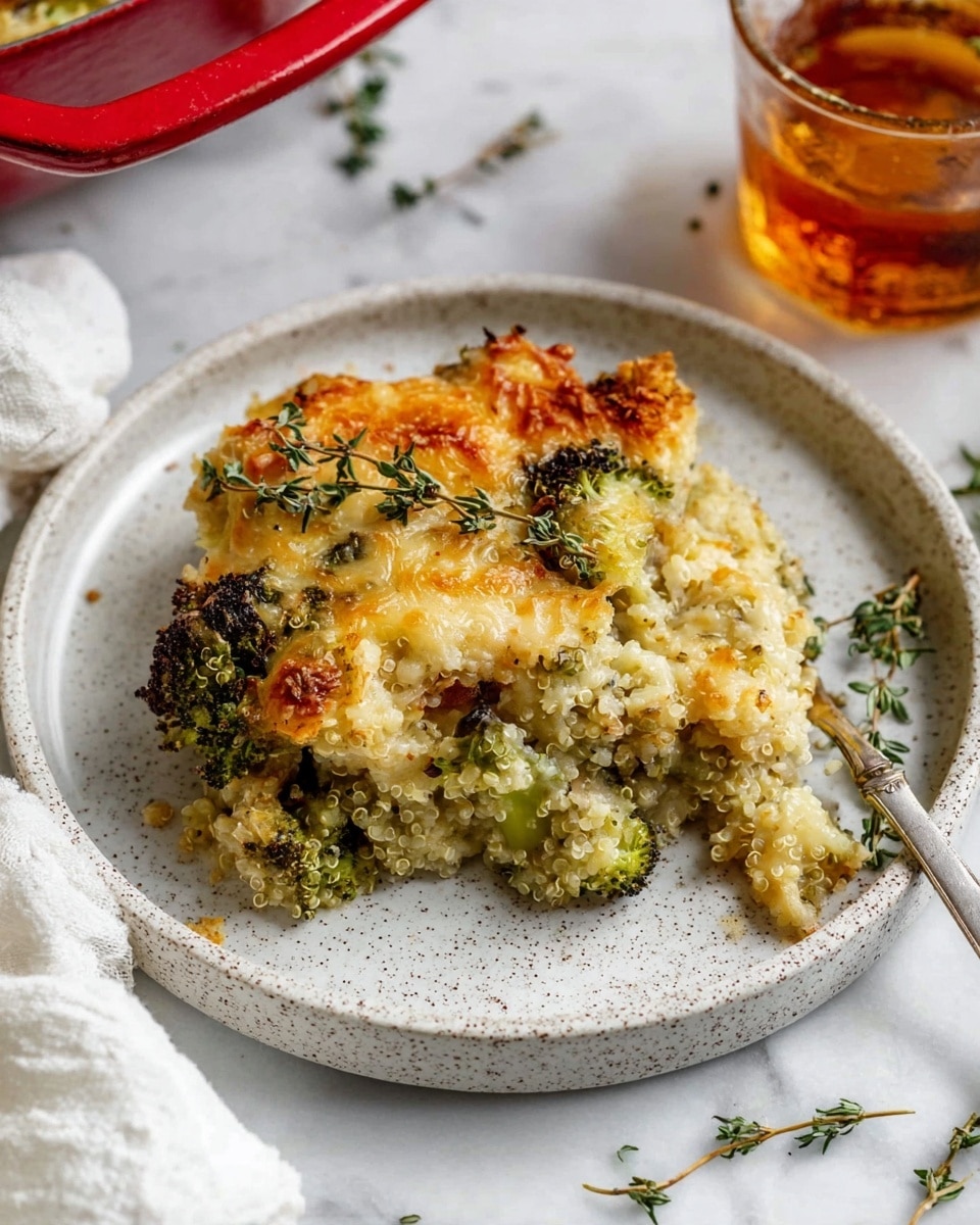 A serving of baked broccoli casserole sits on a round white speckled plate, featuring two layers: a bottom layer of soft, fluffy quinoa with small green broccoli florets mixed throughout, and a top layer of melted golden-brown cheese with some crispy, slightly darker browned spots and fresh thyme sprigs for garnish. The plate rests on a white marbled surface, next to a glass of amber-colored drink and a red cookware handle visible at the corner, with a white cloth napkin nearby. photo taken with an iphone --ar 4:5 --v 7