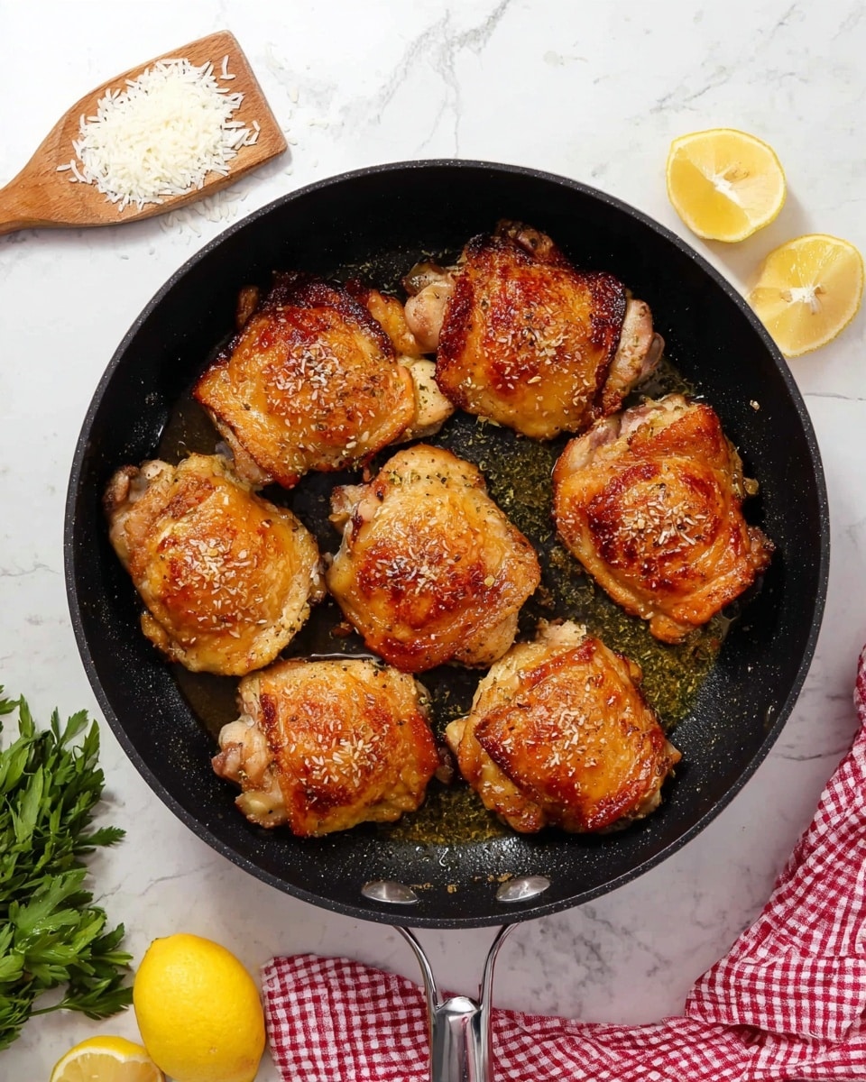 A black frying pan filled with eight pieces of cooked chicken thighs, each with a crispy golden-brown skin on top and a slightly shiny texture, arranged closely in a circular pattern, covering the pan's surface evenly. The pan is placed on a white marbled textured surface, with a red and white checkered cloth and a wooden spoon holding uncooked white rice on the upper left side, two lemon slices positioned at the bottom left, and a bunch of fresh green herbs on the bottom right. The scene is bright with soft natural light showing slight shadows under the pan. Photo taken with an iphone --ar 4:5 --v 7