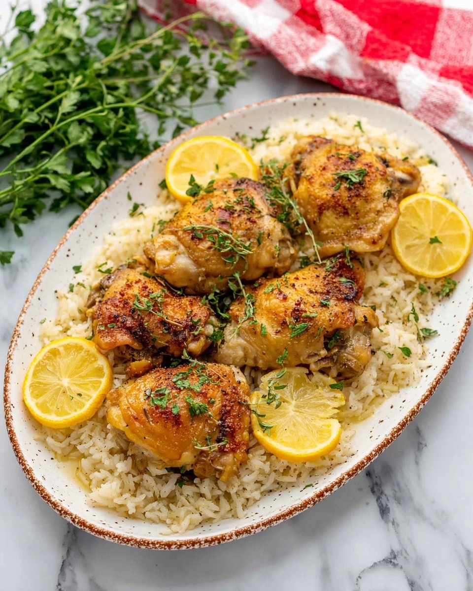 The dish shows five pieces of golden brown cooked chicken on top of a bed of creamy white rice that fills the bottom layer of a white oval plate with a speckled brown rim. The chicken has a crispy textured skin sprinkled with chopped fresh green herbs. There are four bright yellow lemon wedges placed around the chicken, adding a pop of color. Small sprigs of fresh green herbs are also scattered over the chicken and rice. The plate is set on a white marbled surface with a bunch of fresh green herbs and a red and white checkered cloth in the background. Photo taken with an iphone --ar 4:5 --v 7