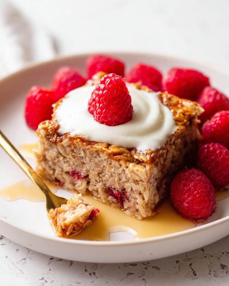A square piece of baked oatmeal sits on a white plate with a white marbled texture background. The oatmeal has a light brown, slightly crumbly base with visible oats and bits of red raspberry mixed in. On top, there is a creamy white dollop of yogurt with a single bright red raspberry placed on it. Surrounding the oatmeal on the plate are more fresh, plump red raspberries. A small golden spoon holds a bite-sized piece of oatmeal in the foreground near the edge of the plate. The dish is lightly covered with golden syrup pooling at the bottom. Photo taken with an iphone --ar 4:5 --v 7
