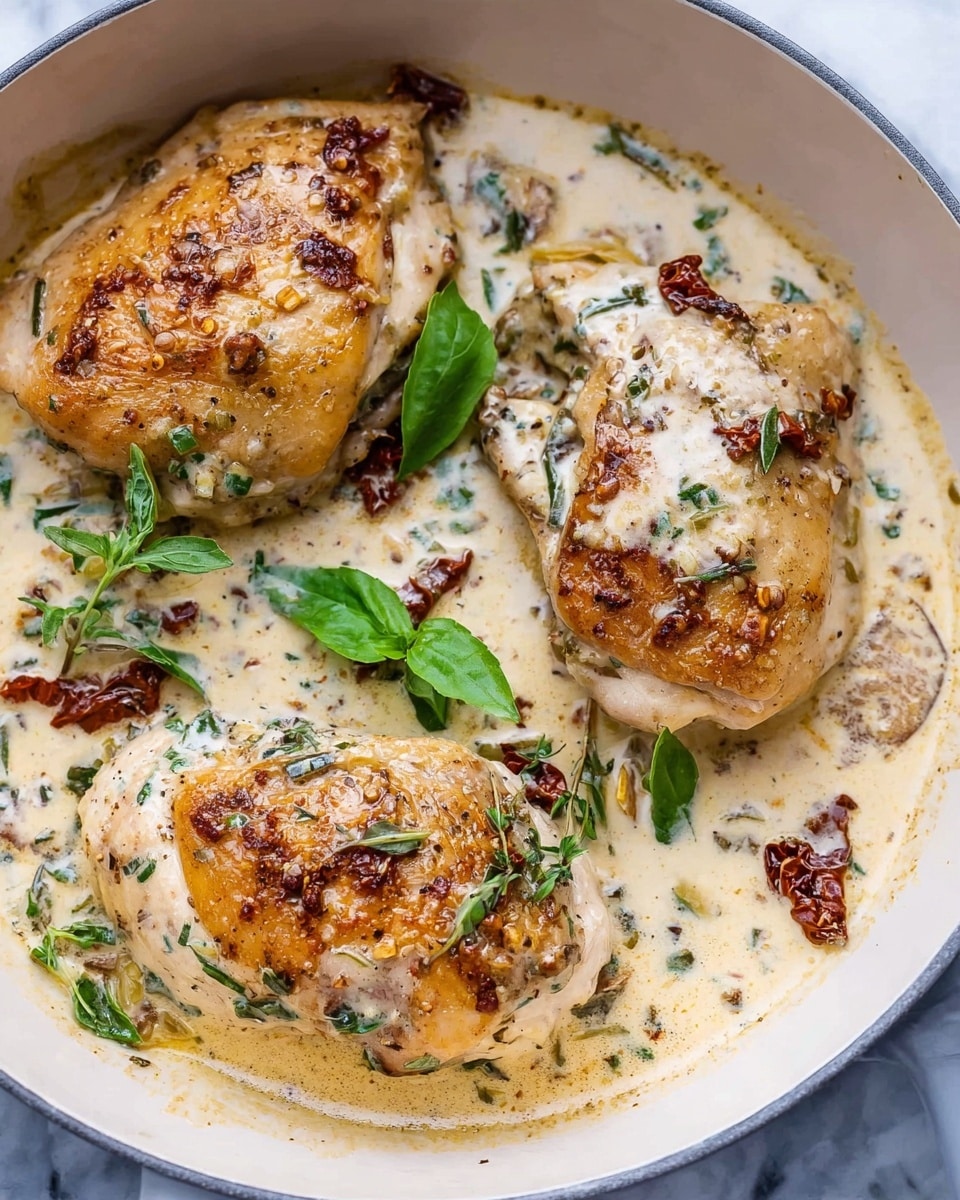 Three light golden cooked chicken pieces are placed in a white pan filled with a creamy white sauce with visible small bits of herbs and sun-dried tomatoes. Bright green fresh herb leaves are scattered on top of the chicken and sauce, adding a touch of color. The creamy sauce looks smooth and thick, partially covering the chicken pieces, which have a slightly crispy texture on the outside. The pan is shown on a white marbled surface. Photo taken with an iphone --ar 4:5 --v 7