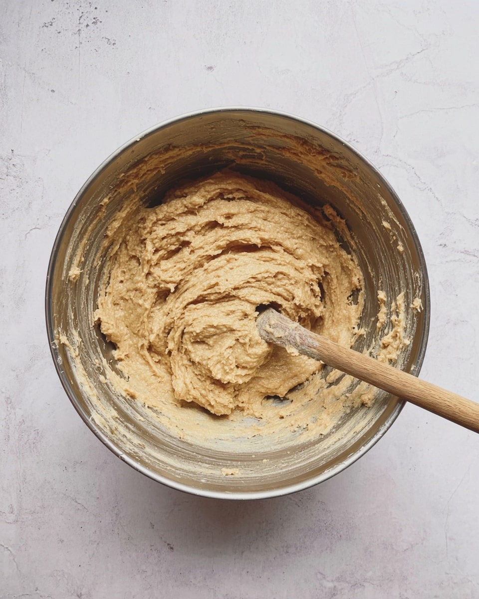 A metal mixing bowl filled with thick, light brown batter that has a slightly lumpy texture. A wooden spoon is partially submerged in the batter, resting on the side of the bowl. The bowl sits on a white marbled surface with soft light coming from above, showing some batter smudges around the inside edges of the bowl. Photo taken with an iphone --ar 4:5 --v 7