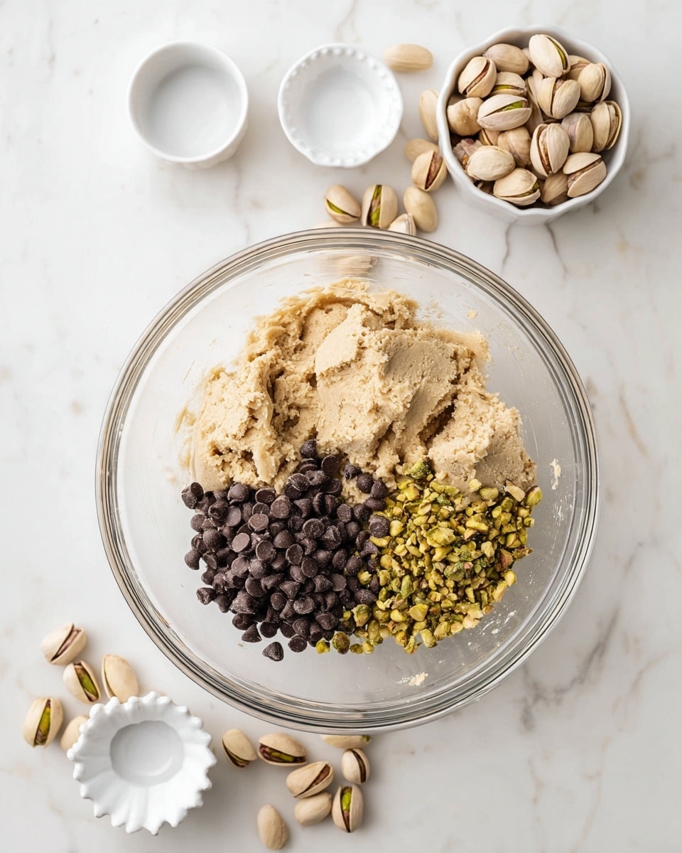A clear glass bowl sits on a white marbled surface, filled with three main parts of a cookie dough mix: a beige dough base, a pile of dark brown chocolate chips on the left, and a heap of chopped pistachios on the top right. Around the bowl are four empty small white bowls in different shapes and sizes, and scattered whole pistachios with light tan shells lie nearby. The overall scene is bright and clean. photo taken with an iphone --ar 4:5 --v 7