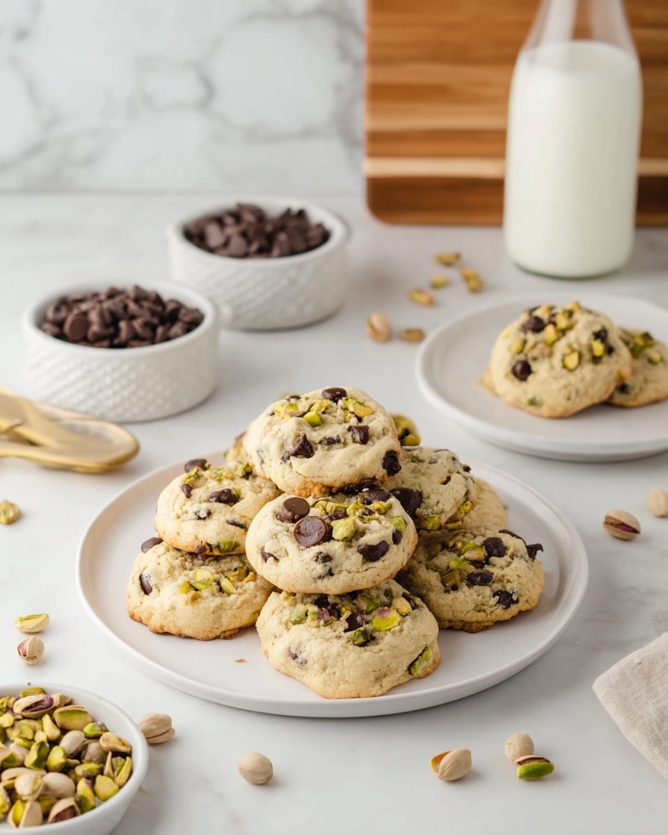 There is a white plate with about eight round cookies, each cookie is light brown with dark chocolate chips and small pieces of green pistachio on top and inside. Behind it, slightly to the right, there is a smaller white plate with a single cookie that is similar to the others, soft and chunky with chocolate chips and pistachios. Toward the back, there are two white bowls; one filled with dark brown chocolate chips and the other with chopped pistachios. Scattered pistachios and chocolate chips are around the plates on a white marbled surface. At the very back, there is a tall glass bottle filled with milk and a wooden cutting board leaning against a white marble wall. photo taken with an iphone --ar 4:5 --v 7