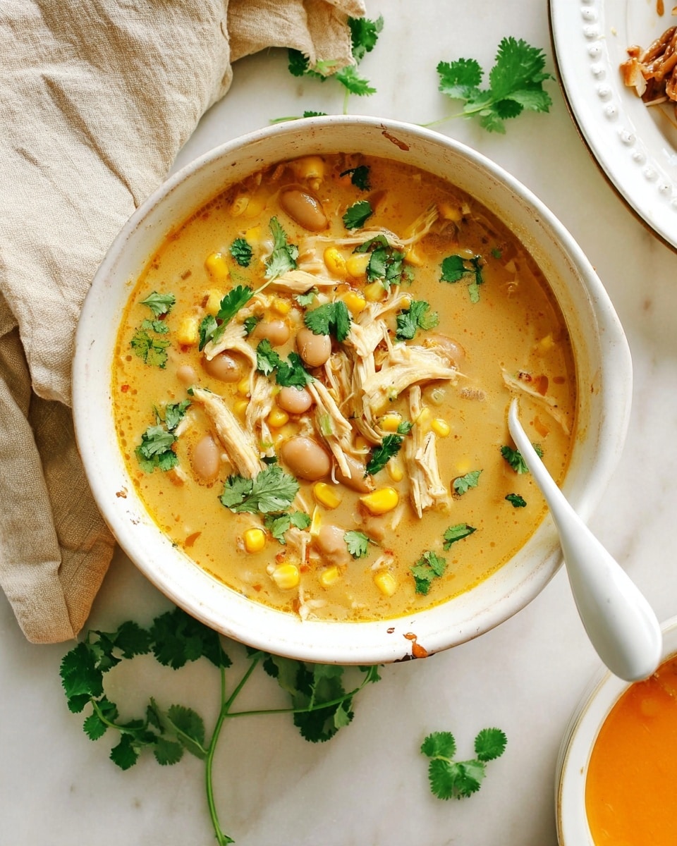 A white bowl filled with creamy yellow soup that has shredded light beige chicken pieces, small yellow corn kernels, and light brown beans, all mixed together. On top of the soup are scattered fresh green cilantro leaves. A white spoon rests inside the bowl on the left side. Around the bowl, there are loose cilantro leaves on a white marbled surface. A beige cloth is partially visible on the left side, and above the bowl, there is a white plate with a brown filling and some sauce on it. At the bottom right, part of a white bowl with thick orange sauce or puree is visible. Photo taken with an iphone --ar 4:5 --v 7