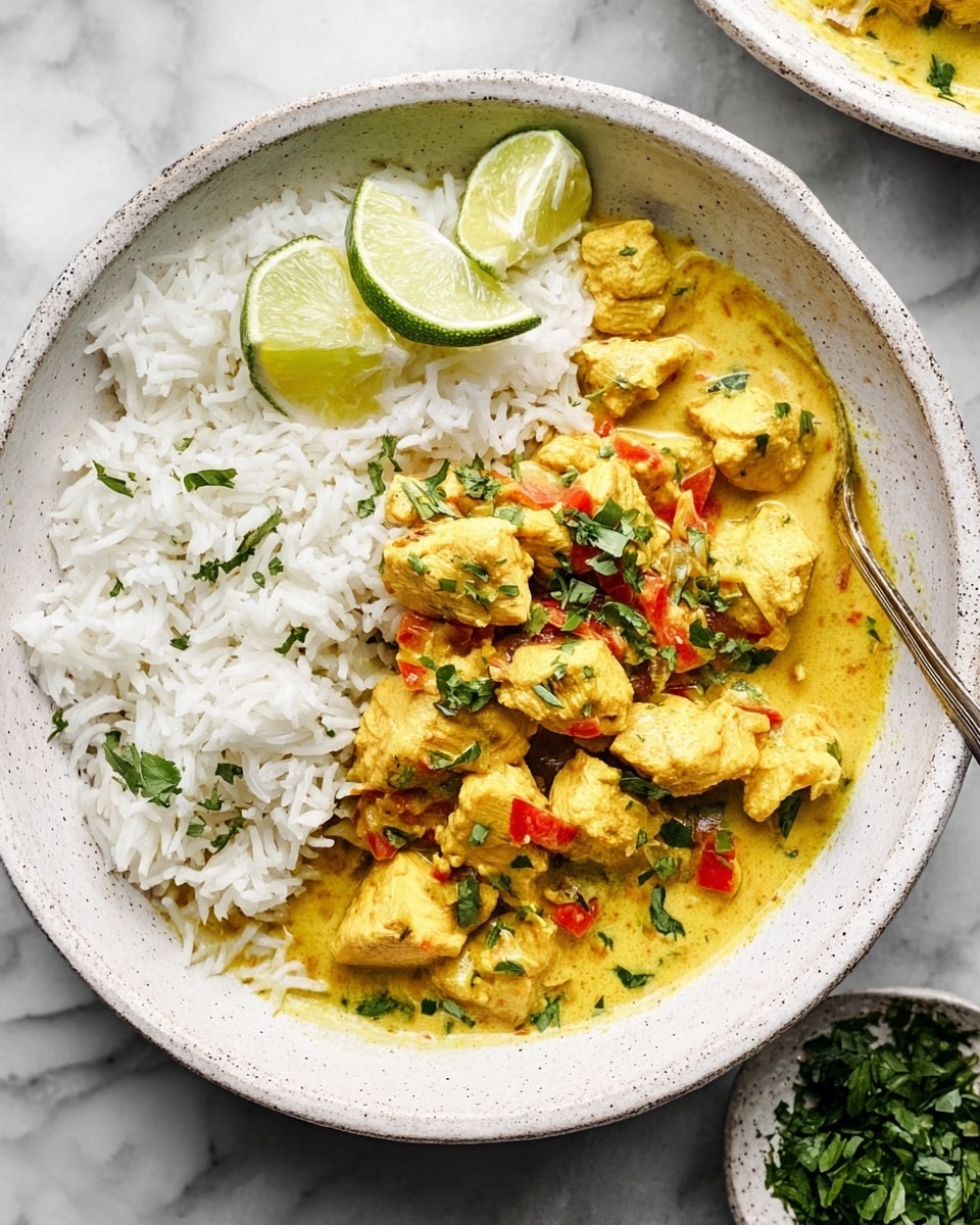 A white speckled bowl on a white marbled surface holds two layers: on the left, fluffy white rice topped with two pale green lime wedges, and on the right, a creamy golden-yellow curry with chunks of chicken and small red bell pepper pieces mixed in. The curry is garnished with chopped green herbs scattered throughout. A silver fork rests partially in the rice near the front of the bowl. In the bottom right corner, a small white dish filled with fresh chopped herbs is visible. photo taken with an iphone --ar 4:5 --v 7