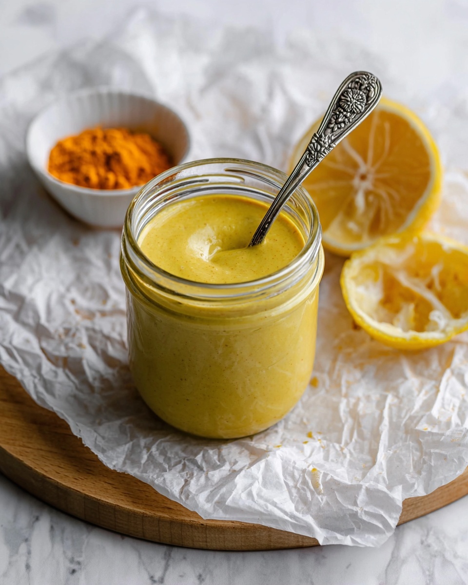 A glass jar filled with smooth yellow mustard sauce sits center on crumpled white parchment paper over a wooden board. A small, ornate silver spoon with floral designs is inside the jar, its tip dipped in the thick sauce. To the right are two lemon halves with peels showing, one darker yellow and the other lighter inside. On the upper left side of the jar, a small white bowl holds bright orange powder, contrasting the soft tones. The whole scene is set on a white marbled surface with soft natural light highlighting the textures and colors photo taken with an iphone --ar 4:5 --v 7