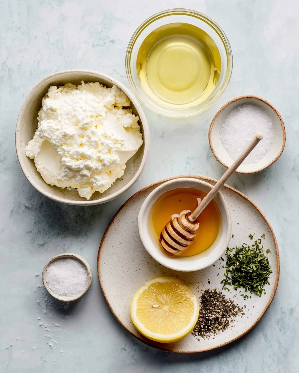 The image shows a top view of five containers on a white marbled surface. There is a bowl filled with soft white cheese on the left side, next to a small white dish with white salt below it. At the top center is a small glass bowl filled with light yellow oil. On the right is a larger white plate holding several ingredients: a small white bowl with amber honey and a wooden honey dipper resting inside, a lemon half with a bright yellow color, a small glass bowl with chopped green herbs, and a small pile of coarse black pepper. The items are neatly arranged with clear color contrasts and textures, photo taken with an iphone --ar 4:5 --v 7