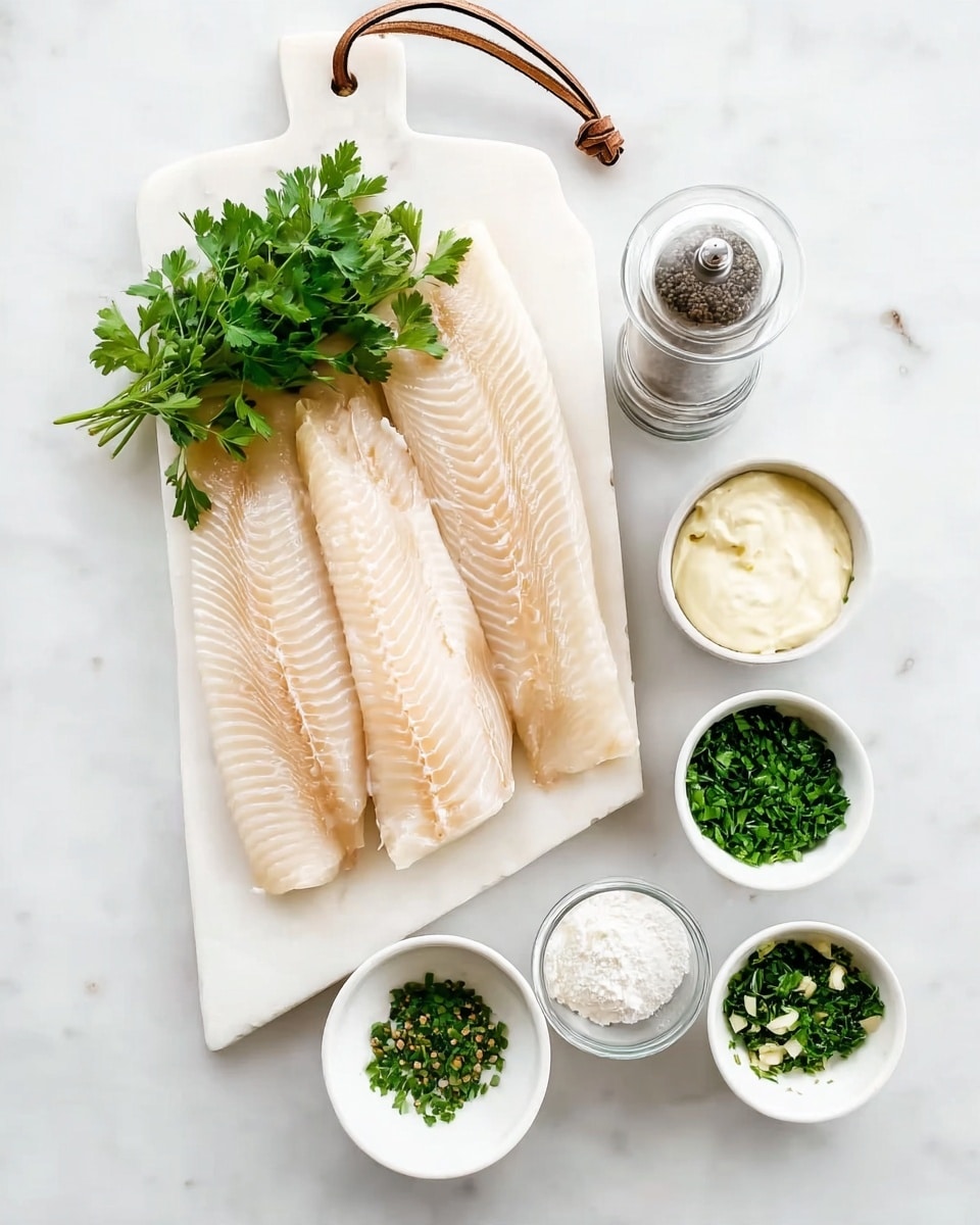The image shows three fillets of light beige fish with visible texture lines on their surface, laid side by side on a white marble cutting board with a leather string loop attached to the board's handle. Fresh green parsley is placed on top of the fish fillets. Next to the board, there is a clear pepper grinder with black pepper inside. In front of the board, five small white bowls contain different ingredients: one with creamy white sauce, one with minced garlic, one with finely chopped green herbs, one with bright green chopped parsley, and one with a powdery white substance. The background is a white marble surface. photo taken with an iphone --ar 4:5 --v 7