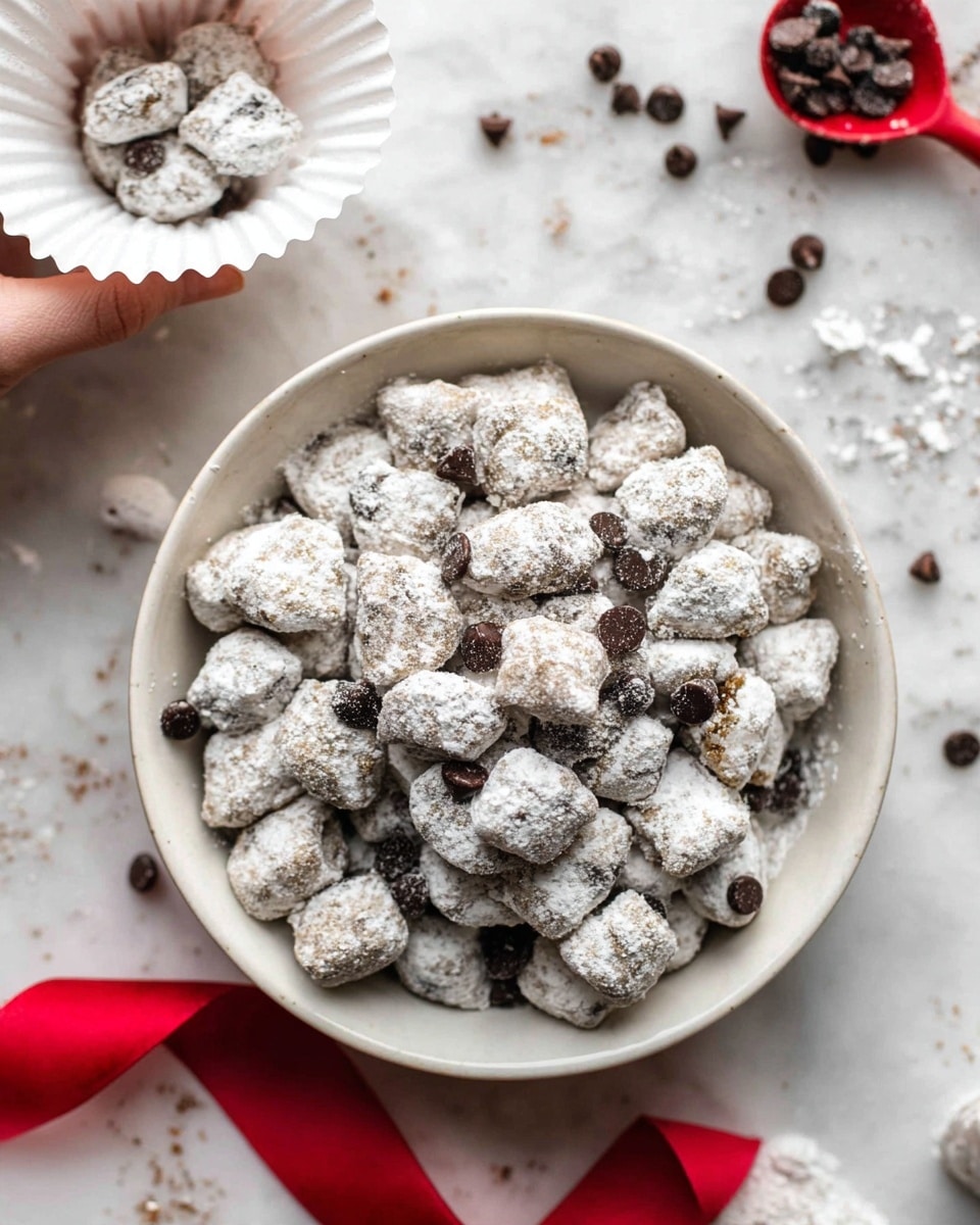A white bowl filled with bite-sized snacks covered in white powder, showing rough textured pieces mixed with dark chocolate chips scattered throughout; the bowl is set on a white marbled surface with a few more chocolate chips and powdered pieces around, and a red spoon is visible near the bowl, along with a woman’s hand holding a scalloped white paper cup with more powdered pieces in the background, creating a cozy and inviting scene. photo taken with an iphone --ar 4:5 --v 7