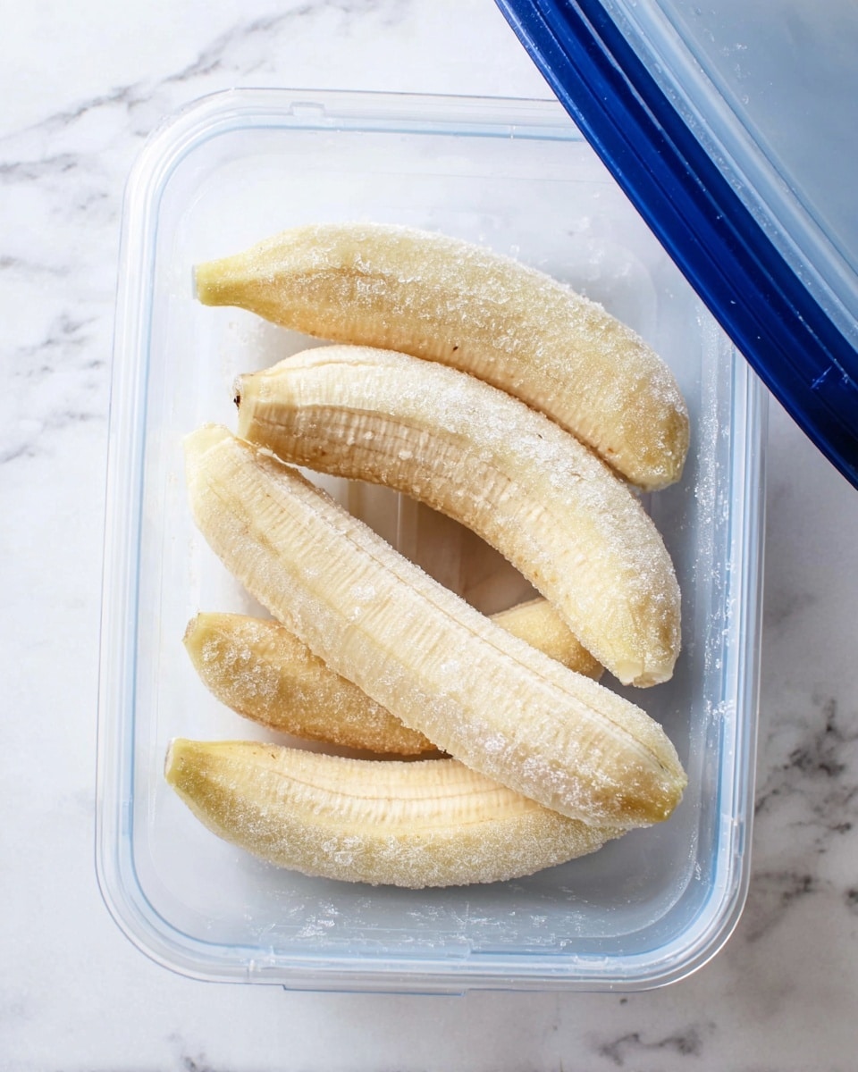 The image shows five peeled frozen bananas inside a clear plastic container with a blue lid placed to the side. The bananas are light yellow with patches of frost and ice crystals on their surfaces, giving them a rough texture. They are arranged so some overlap, filling the container in one visible layer. The container rests on a white marbled surface that adds a soft, elegant background to the scene. Photo taken with an iphone --ar 4:5 --v 7