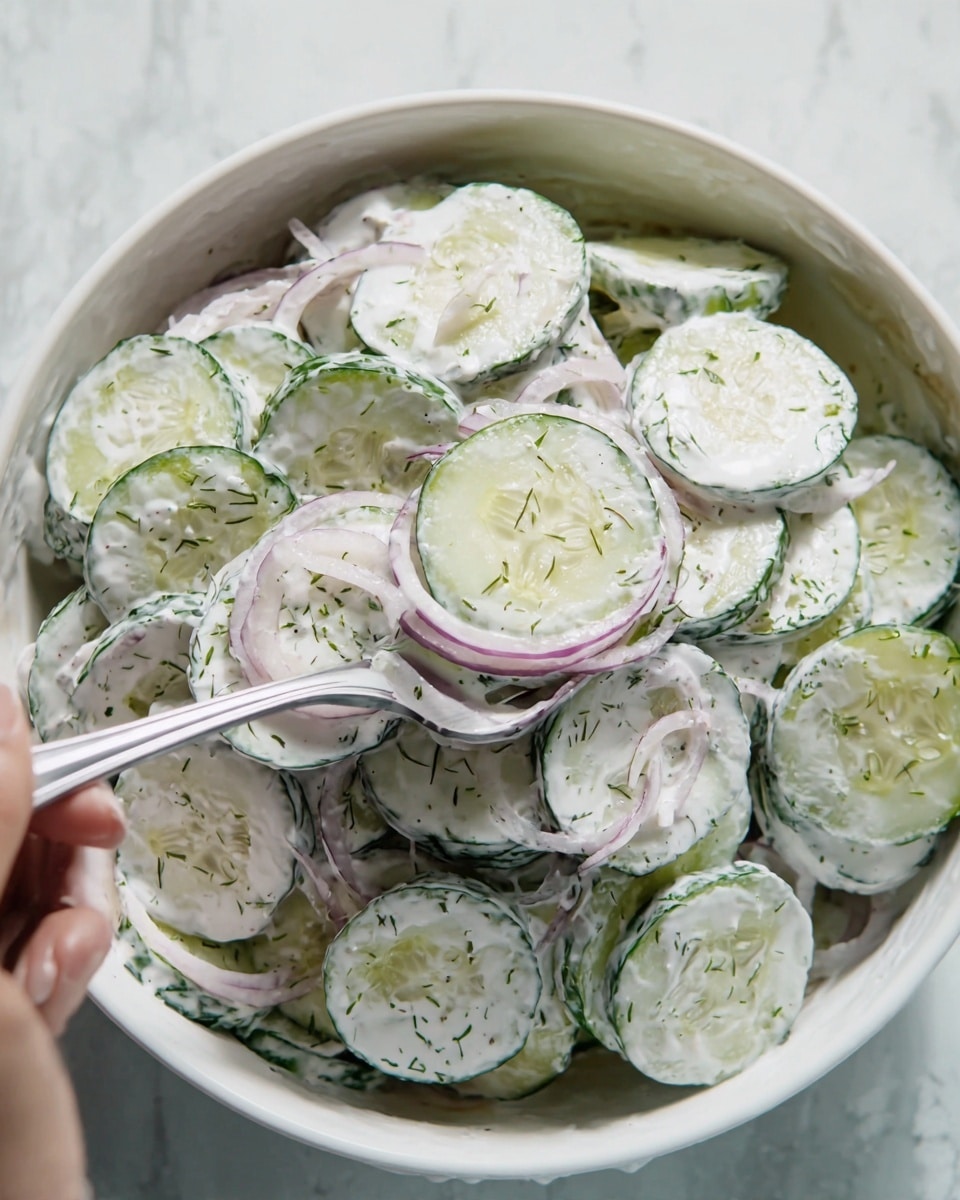 A white bowl holds a creamy cucumber salad made with thin, round slices of green cucumbers layered with thin rings of pale purple onion. The creamy dressing coats all the pieces evenly and is sprinkled with small green herbs. A woman's hand is holding a silver fork, picking up a stack of two cucumber slices at the center of the bowl. The bowl sits on a white marbled surface. photo taken with an iphone --ar 4:5 --v 7