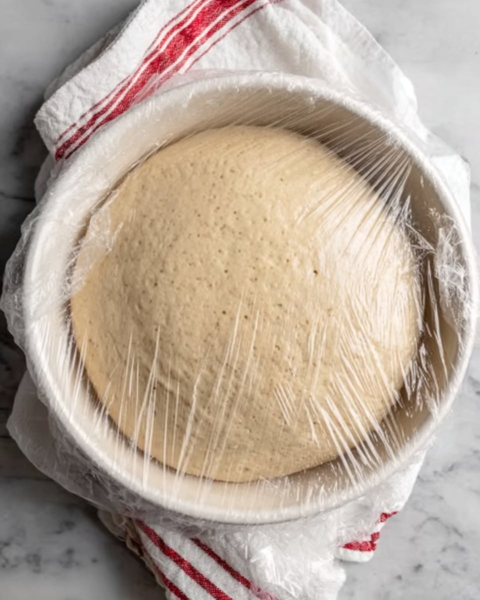 A round white bowl with a large ball of dough that has risen, filling the bowl nearly to the top. The dough has a light beige color and looks soft with small bubbles on the surface. The bowl is covered with clear plastic wrap stretched tight over it. The bowl is placed on a white marbled surface next to a white cloth with red and grey stripes. photo taken with an iphone --ar 4:5 --v 7