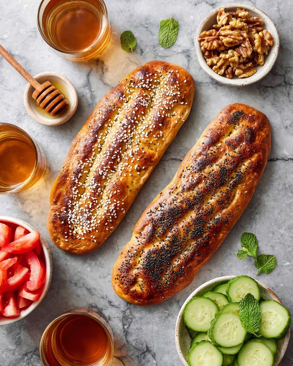 Two long, oval-shaped flatbreads with golden brown, slightly crispy crusts lie on a white marbled surface; one topped with white sesame seeds and the other sprinkled with black sesame seeds. To the right, a small white bowl holds light brown walnut pieces. Below it, a white bowl filled with cut cucumber sections shows vibrant green skin and pale interiors. At the bottom left, another white bowl contains roughly chopped bright red tomato pieces. Two transparent glasses with amber-colored tea and mint leaves rest beside the bowls. A small white cup with dark honey and a wooden honey dipper beside it is placed near the flatbreads. photo taken with an iphone --ar 4:5 --v 7