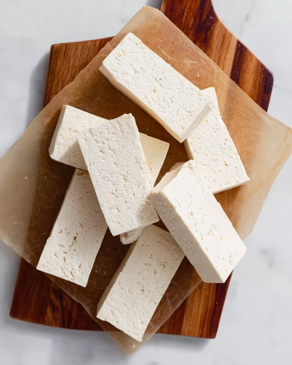The image shows several rectangular blocks of firm tofu, arranged loosely on a sheet of brown parchment paper that lies on top of a wooden cutting board with a rich brown grain. The tofu pieces are light cream in color with a smooth but slightly porous texture, each block neatly shaped and evenly thick. The cutting board and tofu rest on a white marbled surface that adds a clean, bright background to the scene. The overall look is simple and fresh, with the tofu pieces appearing ready for cooking or preparation. photo taken with an iphone --ar 4:5 --v 7