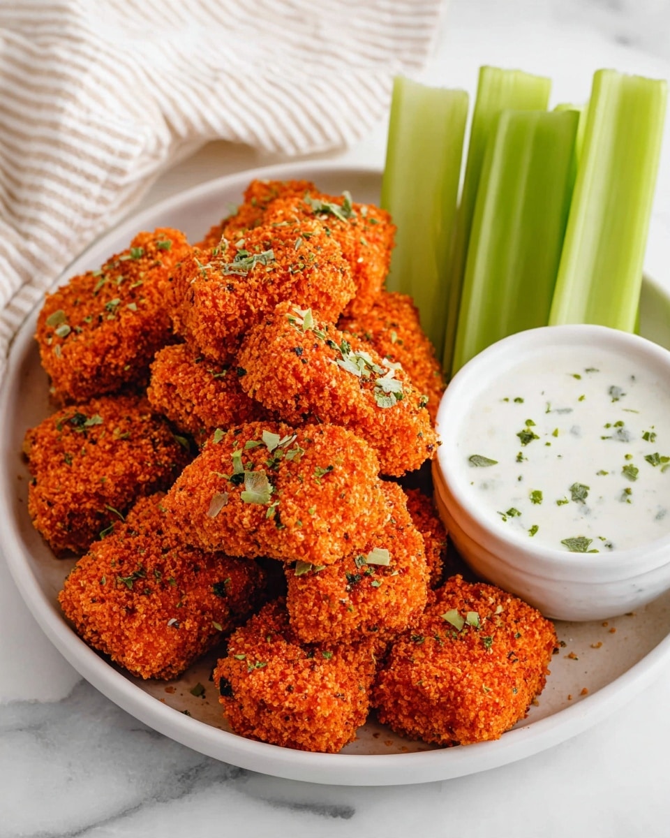 A white plate holds a pile of bright orange crispy nuggets, each piece covered in a textured, crunchy coating sprinkled with small green herb bits. To the right side of the plate, several fresh, light green celery sticks are neatly arranged in a small vertical stack. In front of the nuggets and celery, there is a small white bowl filled with creamy white ranch dressing that also has small green herbs mixed in. The plate is set on a white marbled surface with a soft white and beige striped cloth partially visible in the top left corner. photo taken with an iphone --ar 4:5 --v 7