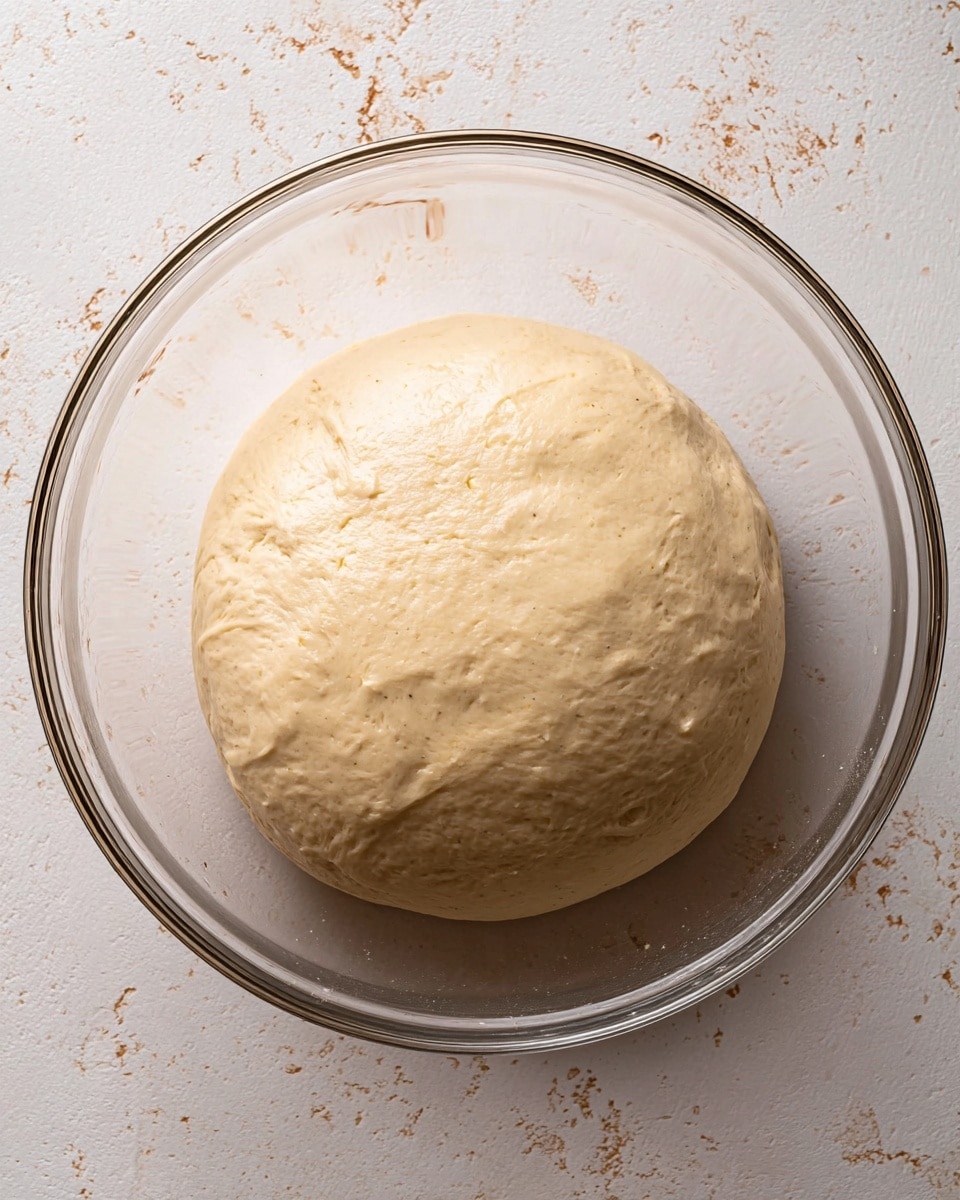 A round, smooth ball of dough with a light beige color rests in the center of a clear glass bowl. The dough has a slightly shiny, soft texture and fills most of the bowl, showing a few tiny air bubbles on the surface. The bowl is placed on a white marbled surface with subtle brown speckles. photo taken with an iphone --ar 4:5 --v 7