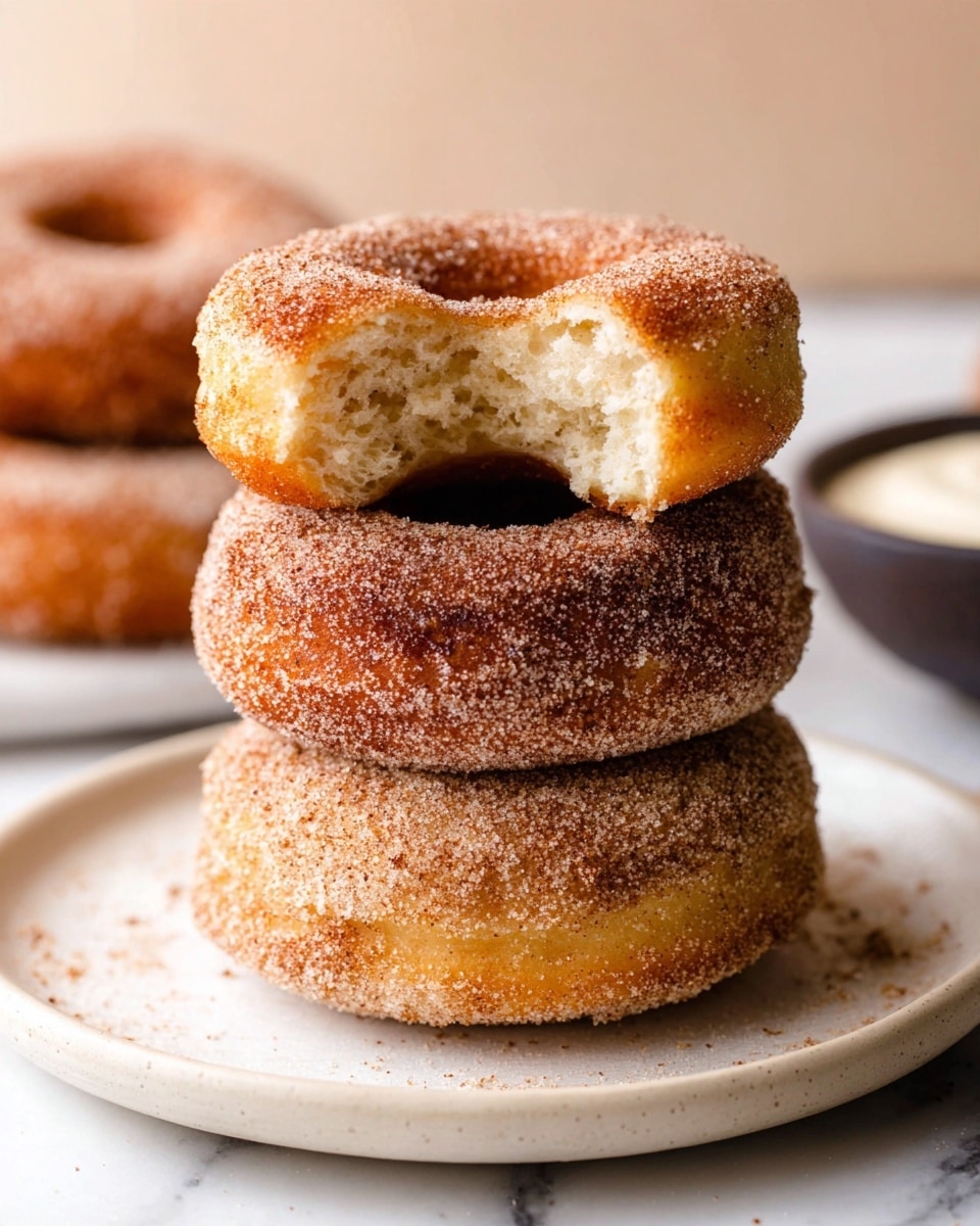 A stack of three cinnamon sugar donuts sits on a white plate with a white marbled surface underneath. The bottom donut is golden brown with a coarse cinnamon sugar coating, the middle donut is darker with the same sugar texture, and the top donut has a bite taken out, showing its light, airy, and fluffy inner layers with a pale cream color. The outside of all donuts is slightly rough with a fine layer of cinnamon sugar covering their surfaces. In the background, there is a blurred white plate with another donut and a dark bowl with cream inside. photo taken with an iphone --ar 4:5 --v 7