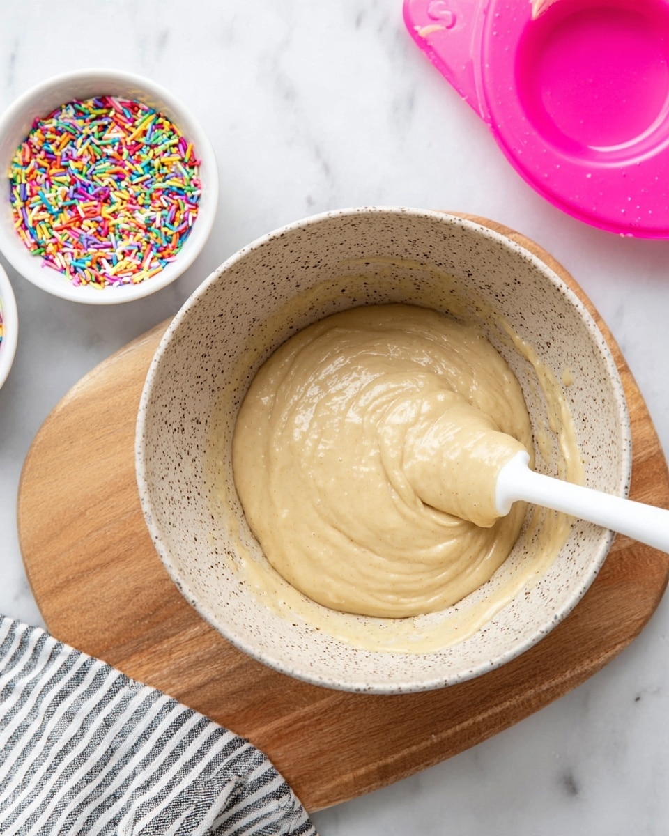A large speckled bowl sits on a round wooden board over a white marbled surface, filled with a thick, creamy beige batter. A white spatula is partially dipped into the batter, lifting some of it. Above the bowl, two small white bowls contain colorful sprinkles – one with long rainbow sprinkles and the other with tiny multicolored round ones. To the right, a bright pink silicone mold is partially visible on the white marbled surface. A striped cloth napkin lies partially under the wooden board. Photo taken with an iphone --ar 4:5 --v 7