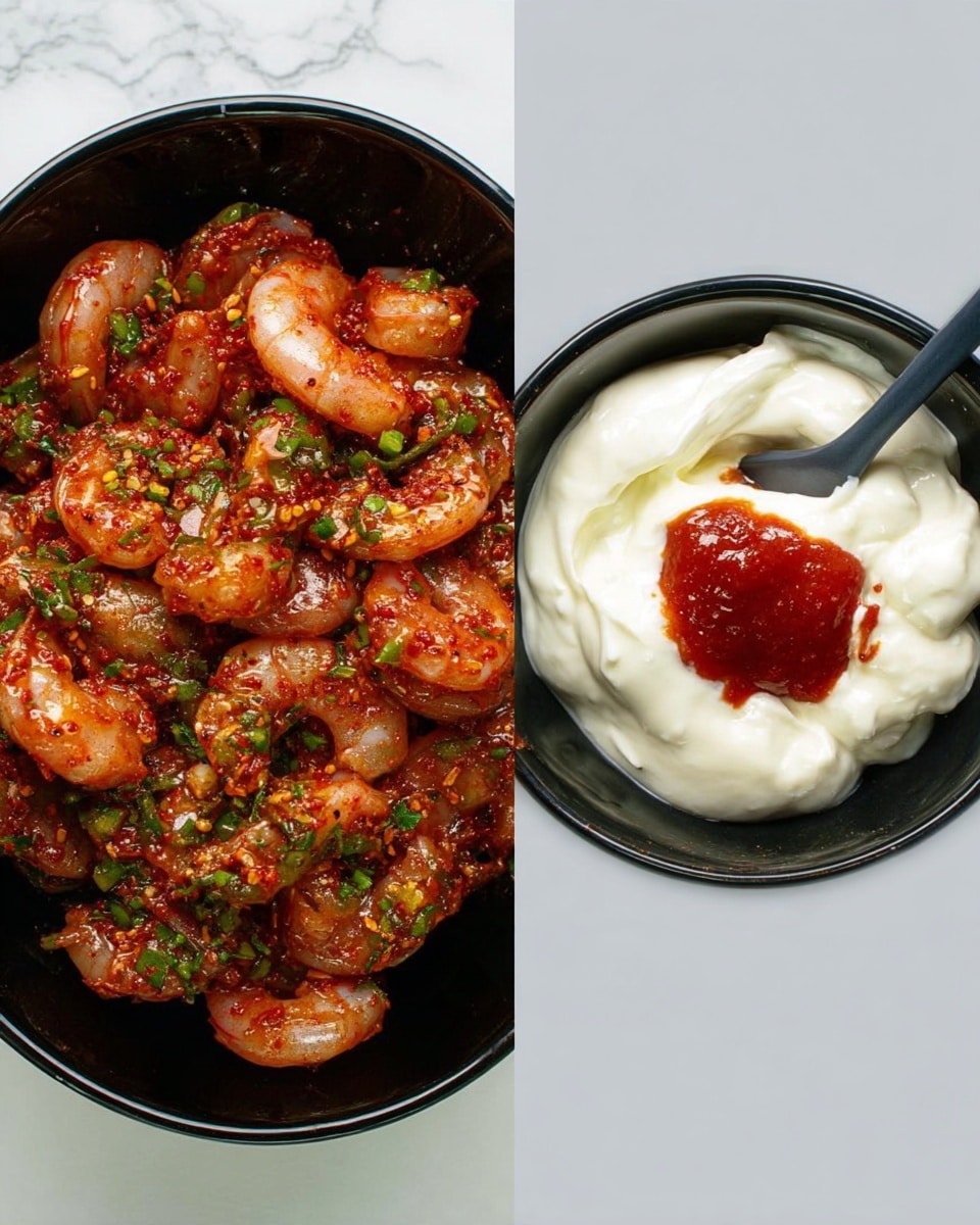 The image on the left side shows a close-up of a black bowl filled with raw shrimp coated in a red spice mix and sprinkled with green chopped herbs. The shrimp are curved and piled closely together, their shells translucent with a glossy texture from the oily spice coating. Small bits of seasoning cling to the shrimp, adding texture and color contrast. On the right side, there is a black bowl containing three layered sauces: a creamy white layer spread thickly on the bottom and sides, a bright red sauce dolloped generously on top, and a small dark spoon resting in the bowl. The background is a white marbled texture that contrasts nicely with the bowls. Photo taken with an iphone --ar 4:5 --v 7