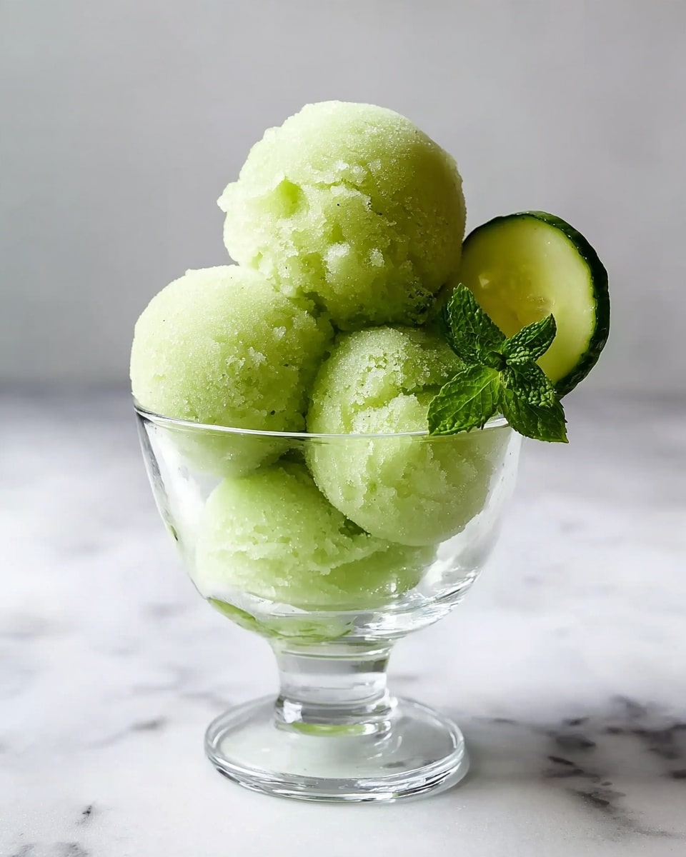 A clear glass cup on a white marbled surface holds five round scoops of light green sorbet stacked inside, with the top scoop slightly larger and more textured. Behind the scoops on one side, there is a thin, round slice of cucumber placed upright, showing its dark green edge and light green center with seeds. A small sprig of fresh green mint leaves rests on the sorbet near the cucumber slice. The image has soft lighting that highlights the sorbet's icy texture and the fresh look of the garnish. photo taken with an iphone --ar 4:5 --v 7