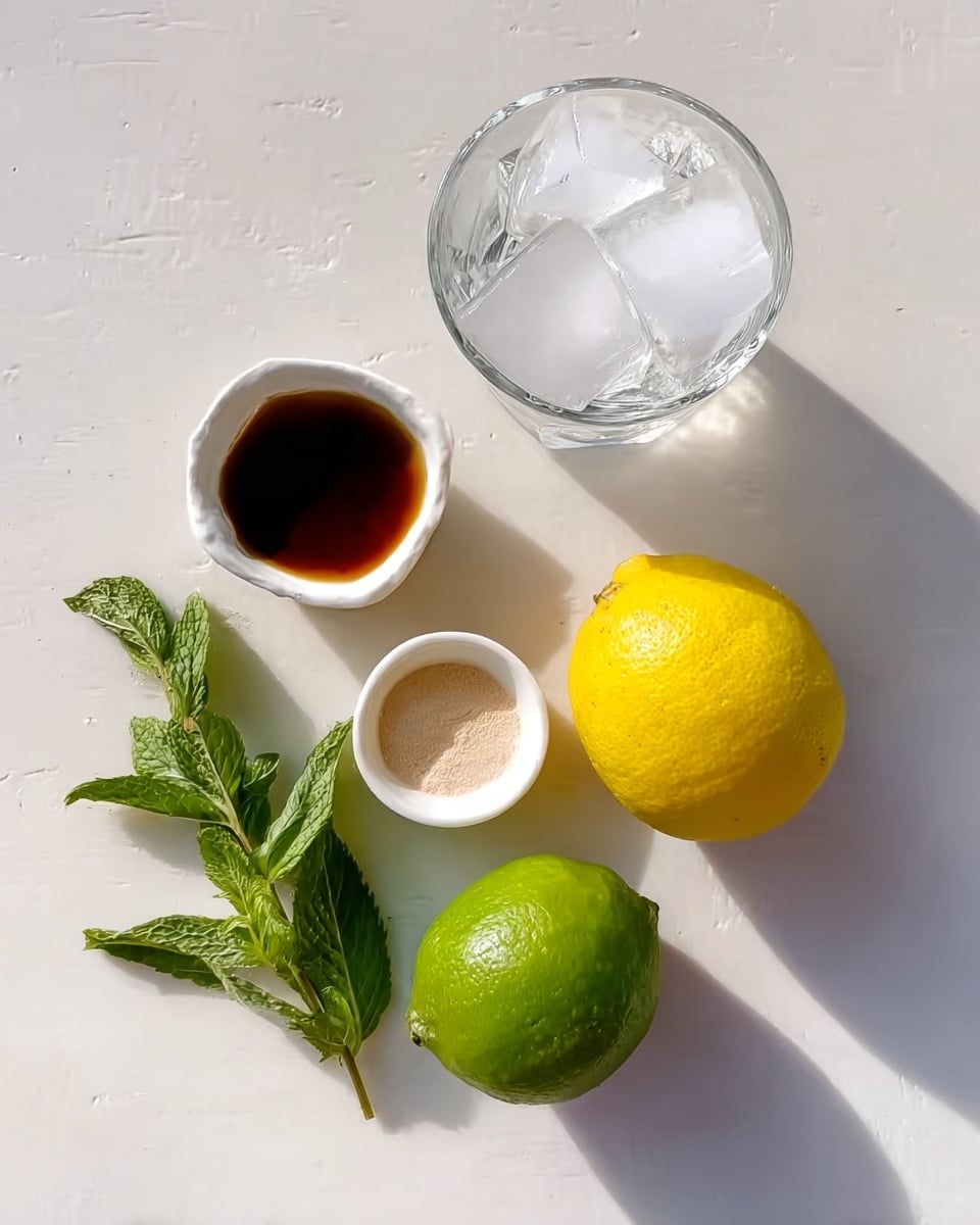 The image shows a white marbled surface with five items placed on it. At the top right, there is a clear glass filled with two large ice cubes. On the far right below the glass, a whole bright yellow lemon sits next to a whole green lime. To the left of the lime, there is a small white dish with a dark brown liquid, while below it, another small white dish contains a pale beige powder. At the bottom left, a small bunch of fresh green mint leaves with a visible stem lies flat. The scene is bright and clear, with natural light highlighting the textures and colors. photo taken with an iphone --ar 4:5 --v 7