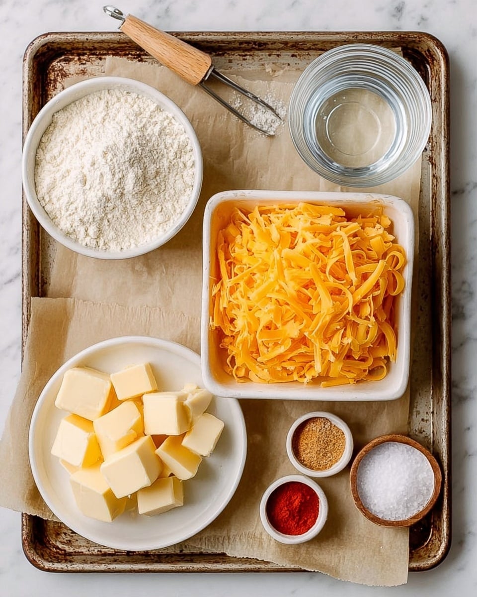 The image shows six small white containers arranged on a rustic metal tray with parchment paper lining. The center container holds a large pile of shredded bright orange cheddar cheese with thin, curly strips. To the top left, there is a white bowl filled with white flour, smooth and lightly packed. Below it, a white plate with neatly arranged small cubes of pale yellow butter on a piece of parchment paper. To the top right, a clear glass bowl filled with water is next to a small wooden bowl of coarse white salt. Below the salt, there is a tiny white dish with four different powders: bright red, white, light brown, and off-white, all in small sections. A small metal tool with a wooden handle rests across the top edge of the tray. The whole setting is on a white marbled surface. Photo taken with an iphone --ar 4:5 --v 7