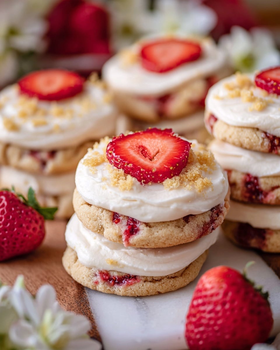 The image shows a group of soft cookies stacked in pairs, each stack having two thick, light brown cookies with visible red strawberry pieces inside. Each cookie is topped with a thick layer of smooth, white frosting, and some have golden crumbly topping sprinkled on the frosting. On top of the frosting, there is a bright red, thinly sliced strawberry piece placed in the center. The cookies rest on a white marbled surface, with more whole strawberries and blurred white flowers in the background. Photo taken with an iphone --ar 4:5 --v 7
