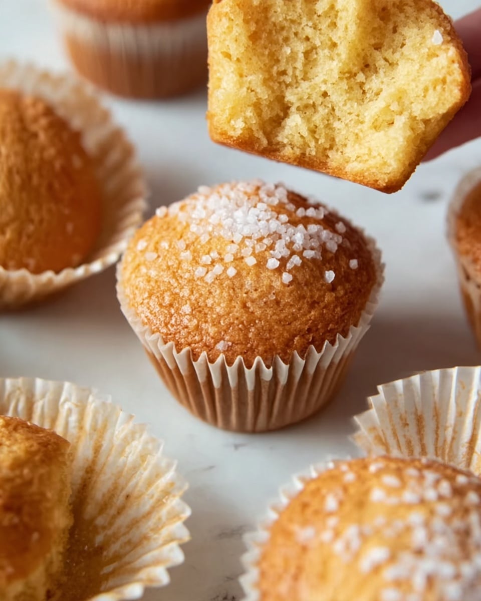 The image shows several golden brown muffins placed on a white marbled surface. One muffin is in the center, topped with coarse white sugar crystals that add texture and sparkle. Around it, a few muffins remain wrapped in their white paper liners with fine ridges. In the upper area, a woman's hand holds a half-eaten muffin showing a soft, airy, light yellow inside with a crumbly texture. The lighting highlights the warm color and delicate details of the muffins. photo taken with an iphone --ar 4:5 --v 7