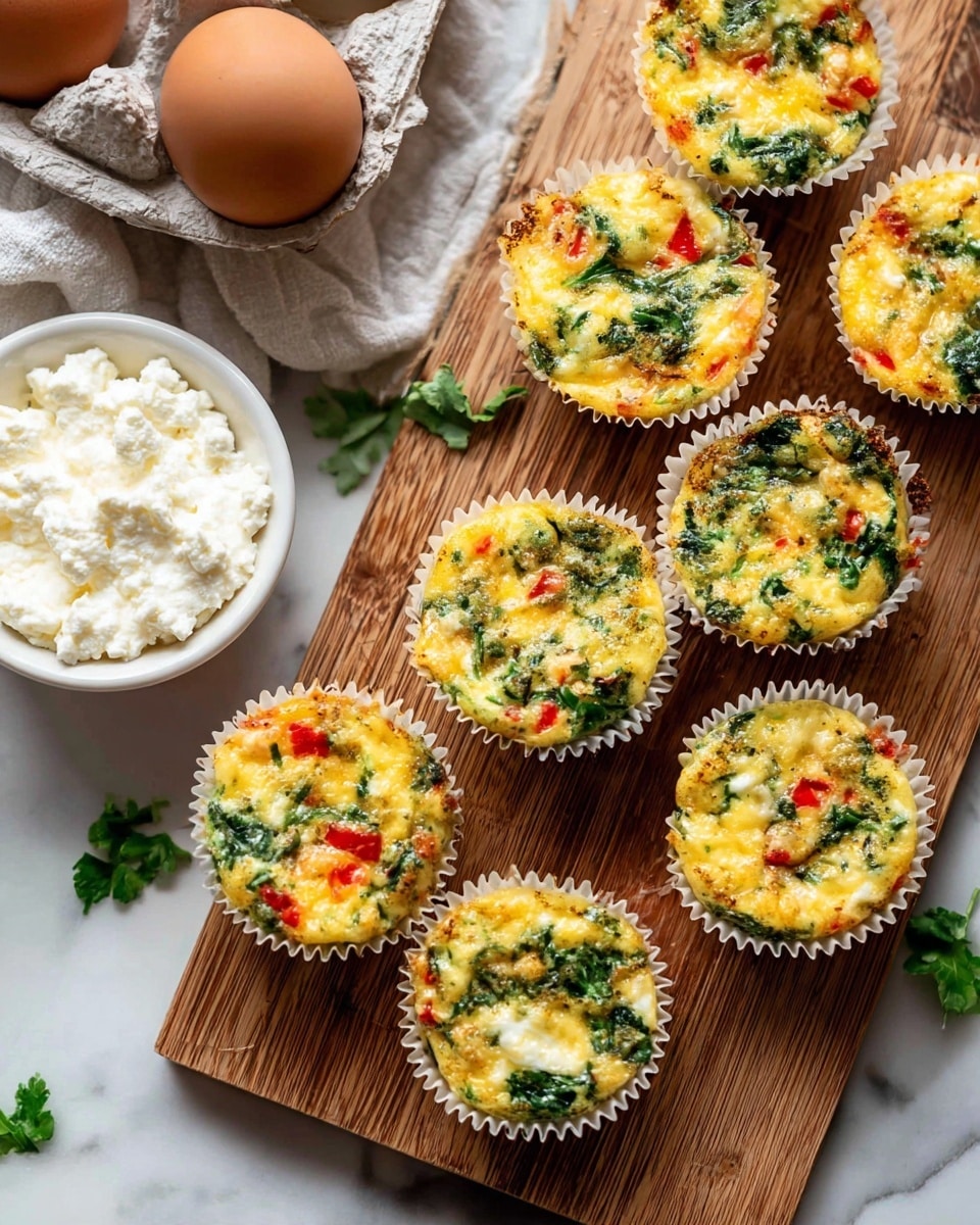 The image shows eight mini egg muffins arranged on a wooden board with visible textures of wood grain. Each muffin is layered with a yellow egg base, mixed with green spinach leaves and small red bell pepper pieces, creating a colorful and textured look. The muffins are in white paper liners that have slight crinkles, surrounding each muffin. To the left, there is a bowl filled with creamy white cottage cheese, showing a soft and slightly lumpy texture. Next to the bowl, part of a carton is visible holding a single brown egg. The surface under the wooden board is a white marbled texture with subtle gray veins. Some small spinach leaves and bits of parsley are scattered around for added detail. Photo taken with an iphone --ar 4:5 --v 7