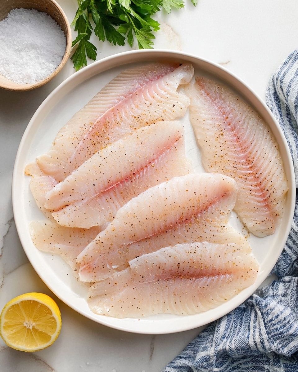 A white plate with seven raw fish fillets arranged flat and slightly overlapping, each fillet pale pink with visible texture and lightly sprinkled with black pepper. The plate sits on a white marbled surface with a half lemon cut side-up at the bottom left, a small bowl of coarse salt at the top left mostly out of frame, and some green parsley visible at the top center. A blue and white striped cloth is beside the plate on the right side. The overall scene is bright and clean with a natural light feel photo taken with an iphone --ar 4:5 --v 7